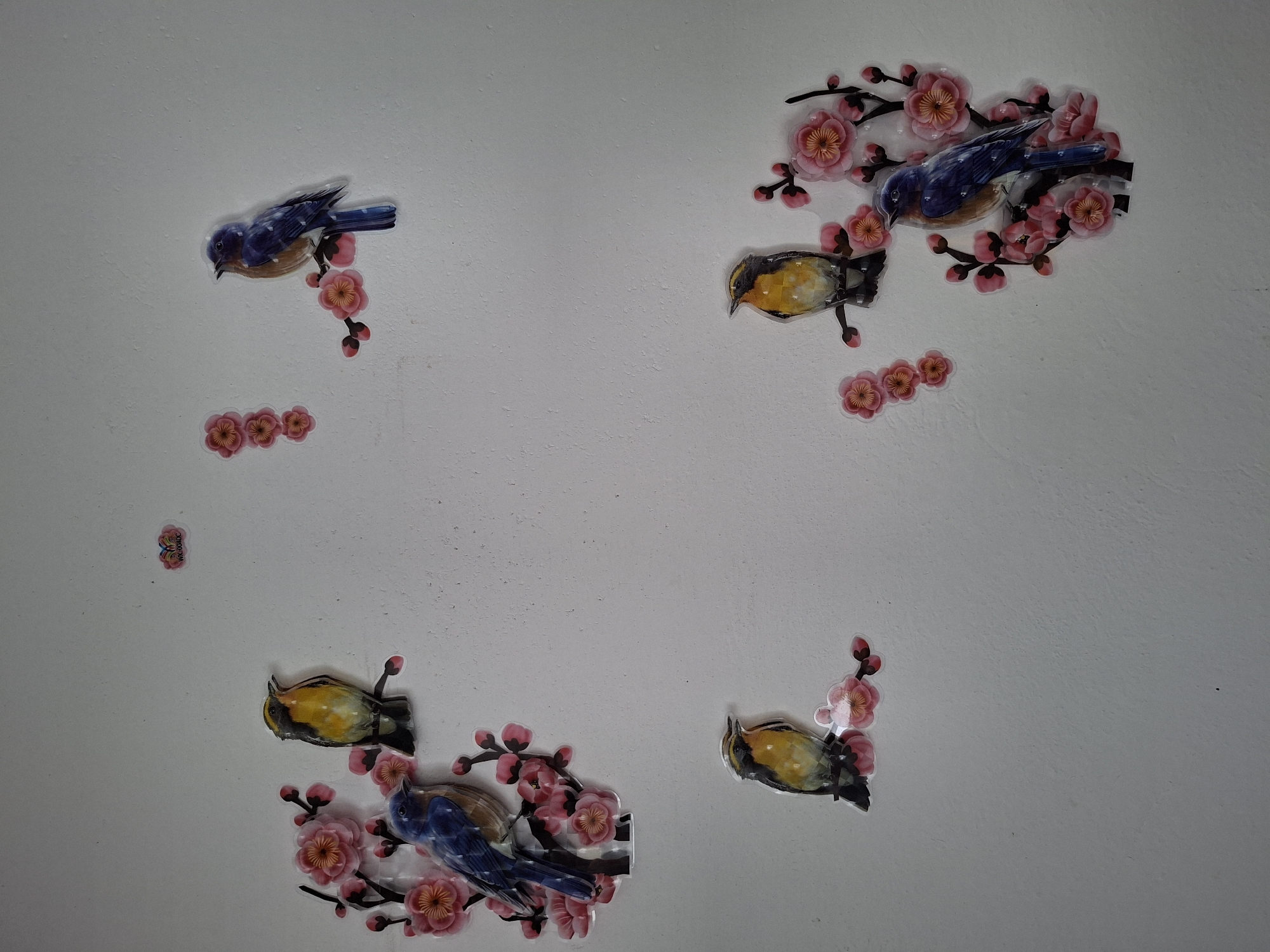 The image displays a collection of decorative stickers adhered to a textured white wall. The stickers depict several birds perched on branches adorned with pink blossoms. There are five main groupings of stickers. In the upper left quadrant, a blue bird with a brown chest is positioned above three small pink flower stickers. To the right of this, in the upper right quadrant, a yellow and black bird is on a branch with pink flowers. A larger blue bird is also on a branch with many pink flowers, to the right and slightly above the yellow bird. In the lower left, a blue bird with a brown chest is on a branch with pink flowers. Below and to the right of this blue bird, a yellow and black bird is on a branch with pink flowers. A single, small, colorful sticker with some illegible text is in the upper left, separate from the other arrangements. The overall scene is still and decorative, with no discernible activity beyond the placement of the stickers. The lighting appears to be ambient and even, suggesting an indoor setting, likely a room. There are no clear indicators of time of day or weather.