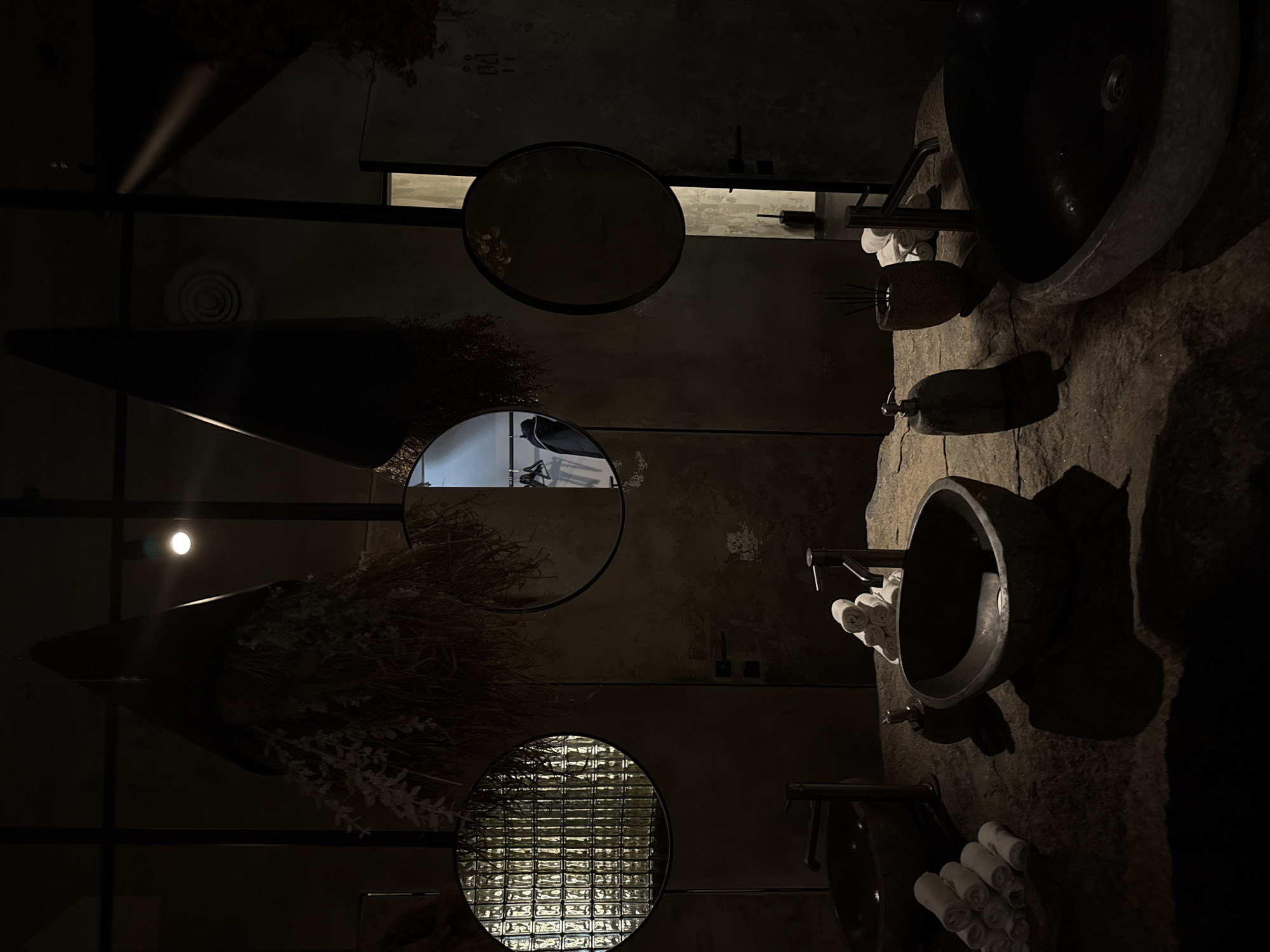 The image shows a dimly lit interior, likely a bathroom or restroom, featuring unconventional design elements. Circular mirrors are mounted on the wall, reflecting fragments of the surroundings. The lighting is stark and creates deep shadows. Organic materials, such as dried foliage or branches, are incorporated into the decor. Stone sinks with metal faucets are installed, accompanied by stacked, rolled towels. The walls appear to have a raw, textured finish, possibly concrete or a similar material. The room has a modern, industrial-chic aesthetic, with a touch of natural elements. The location is the restaurant "0.75 Please" in Krasnoyarsk, Russia.