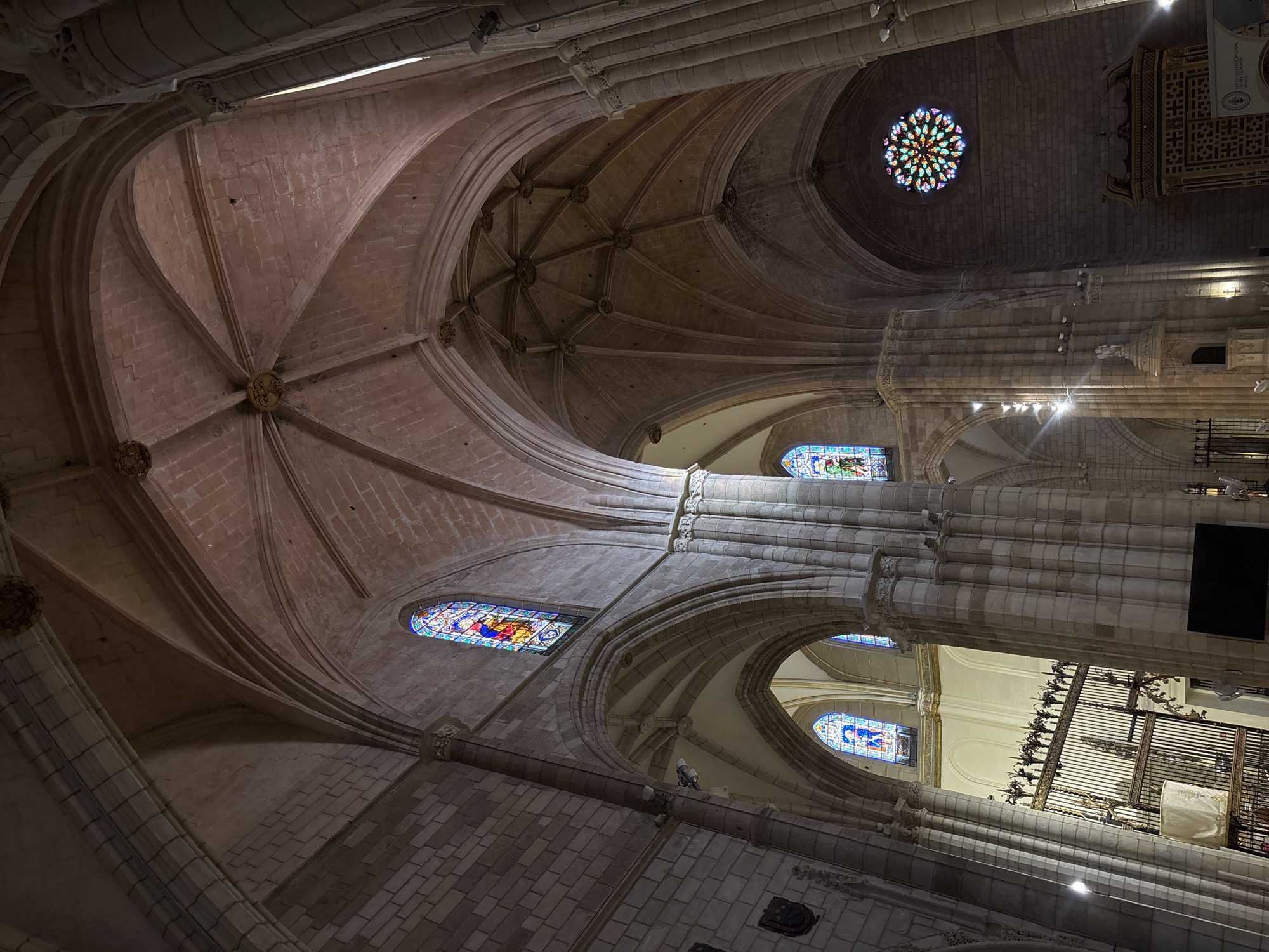 The image shows the interior of a large, Gothic-style cathedral. The ceiling is arched and constructed of stone blocks, with intricate ribbed vaulting. Stained glass windows are visible, featuring colorful depictions and geometric patterns. One prominent circular stained glass window, known as a rose window, is situated in the background on the right side of the image. Stone pillars and arches support the ceiling. In the foreground, there is a metal screen, and in the distance, more architectural elements of the cathedral are visible, including a nave and altar area. The lighting is dim, with artificial lights illuminating parts of the interior. This is the interior of the Santa Iglesia Catedral de San Patricio in Murcia, Spain. There are no people visible in the image.