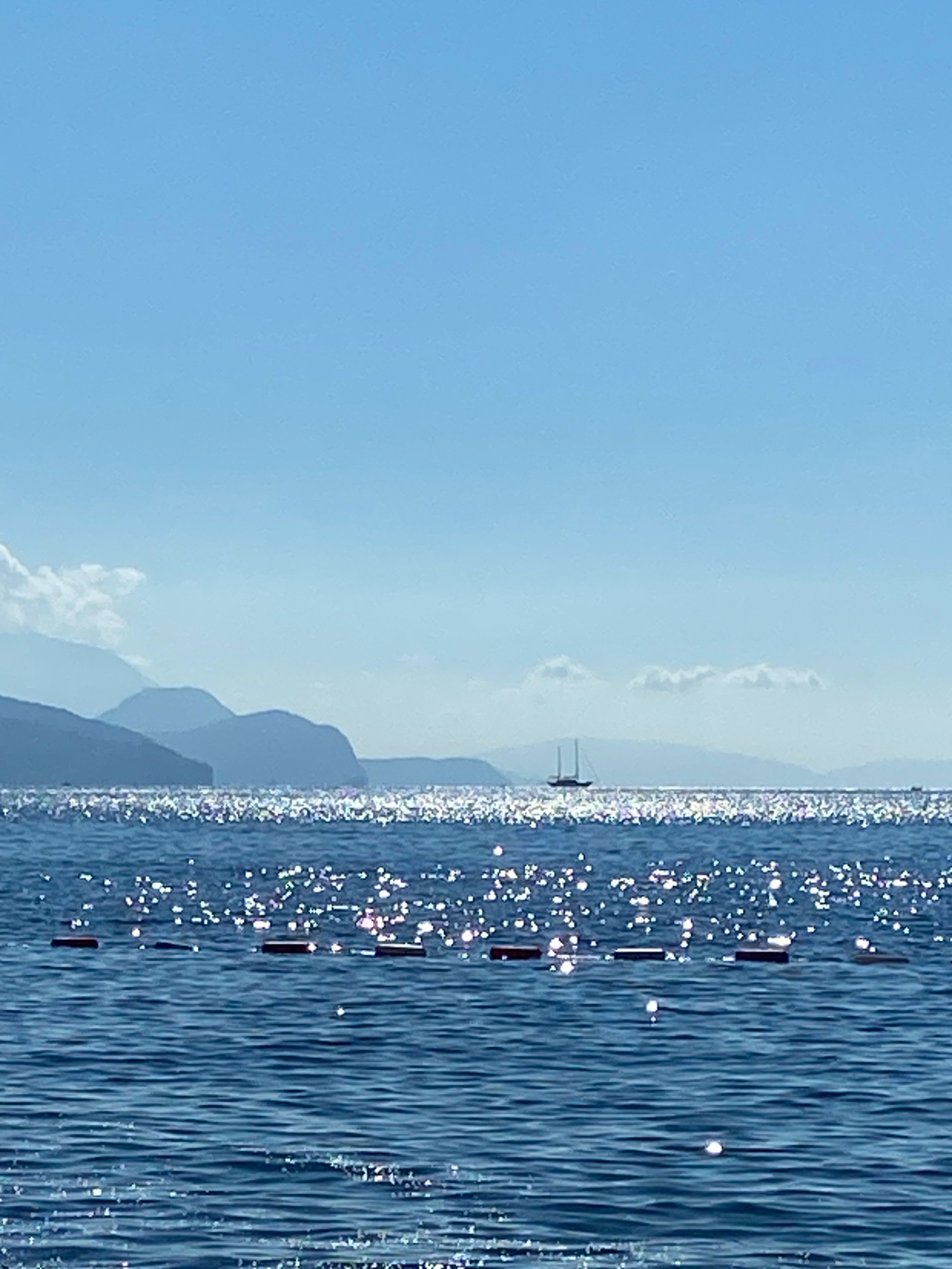 This image captures a serene coastal scene with the Adriatic Sea in the foreground and the mountains of Prijevor, Montenegro in the background. The water is a deep blue, with shimmering sunlight reflecting off its surface. A line of buoys can be seen marking a section of the sea. In the distance, hazy mountains rise, their slopes softened by the atmospheric perspective. A sailboat is visible on the horizon, adding a touch of tranquility to the vista. The sky is a clear, bright blue, with a few wispy clouds drifting by. The overall impression is one of peace and natural beauty.