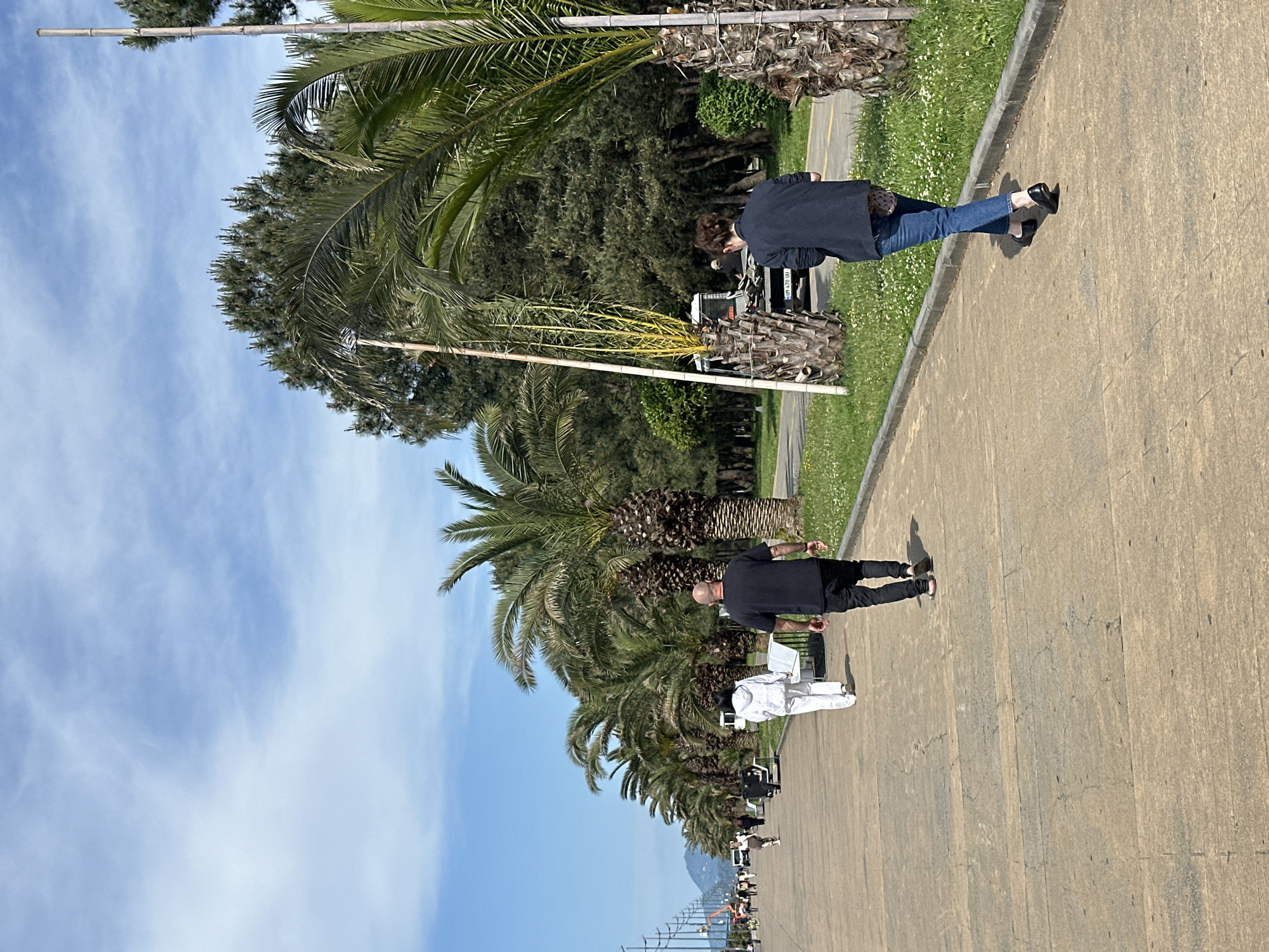 The image shows a promenade in Batumi, Georgia lined with palm trees under a partly cloudy sky. People are walking along the promenade. Two individuals are prominently featured: one wearing a dark jacket and jeans, and another wearing a black shirt and pants. Further down the promenade, other people are seen, some sitting on benches. There is a road adjacent to the walkway and trees.