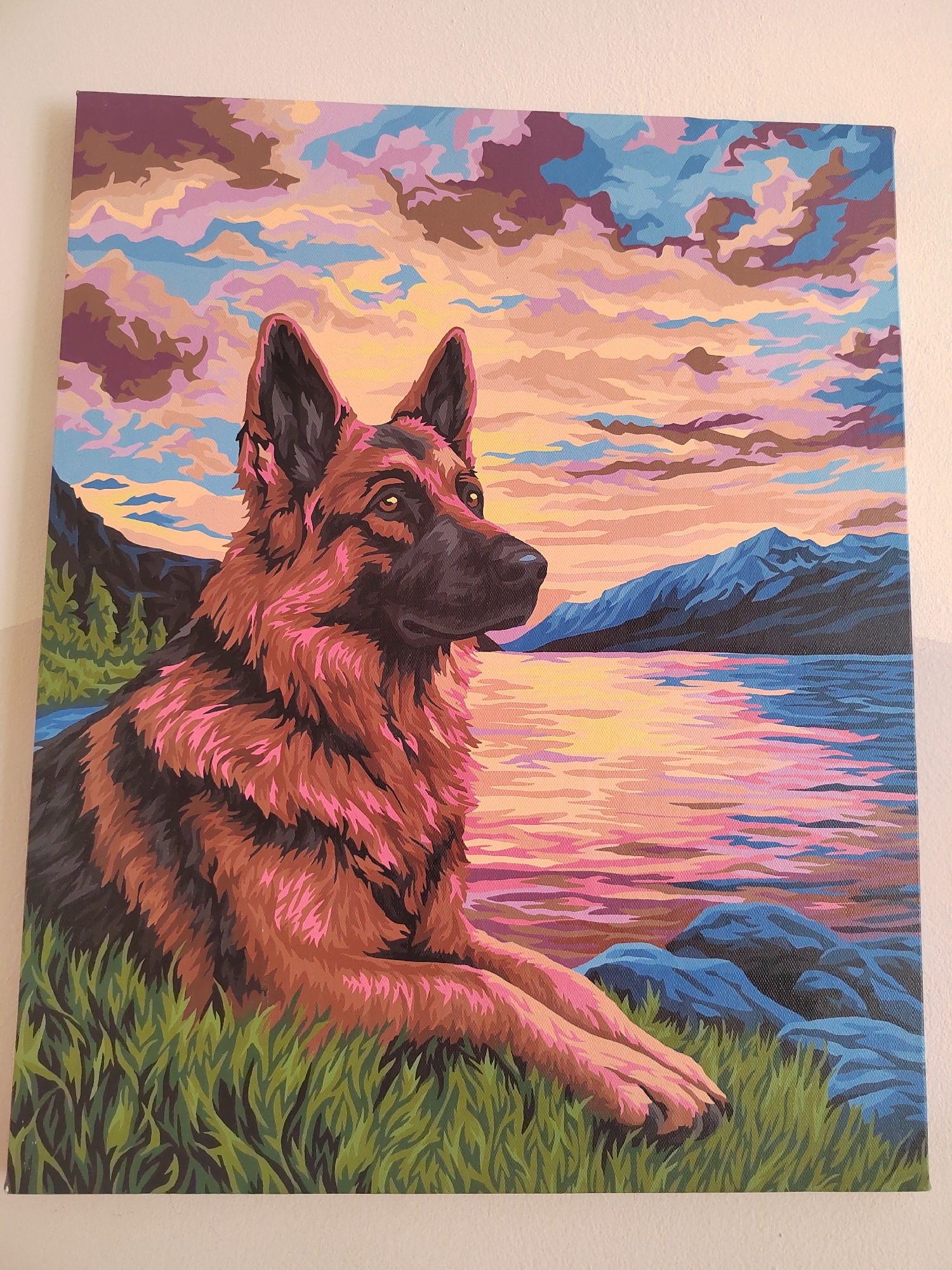 The image is a painting of a German Shepherd dog in a scenic landscape. The dog is the central subject, positioned in the foreground, sitting on green grass. Its fur is depicted in a mix of brown, black, and striking pinkish-red hues, with large, alert ears and intelligent eyes looking off to the right. Behind the dog, a calm body of water reflects a colorful sky filled with clouds painted in shades of purple, pink, orange, and blue, suggesting a sunset or sunrise. In the background, there are dark mountains and a few evergreen trees. The painting style is bold and colorful, with distinct brushstrokes that give it a slightly abstract or stylized appearance. The painting is hung on a plain, light-colored wall, likely indoors, with a subtle texture visible on the wall's surface. There is no indication of the painting's location within the city of Vityazevo, Russia.