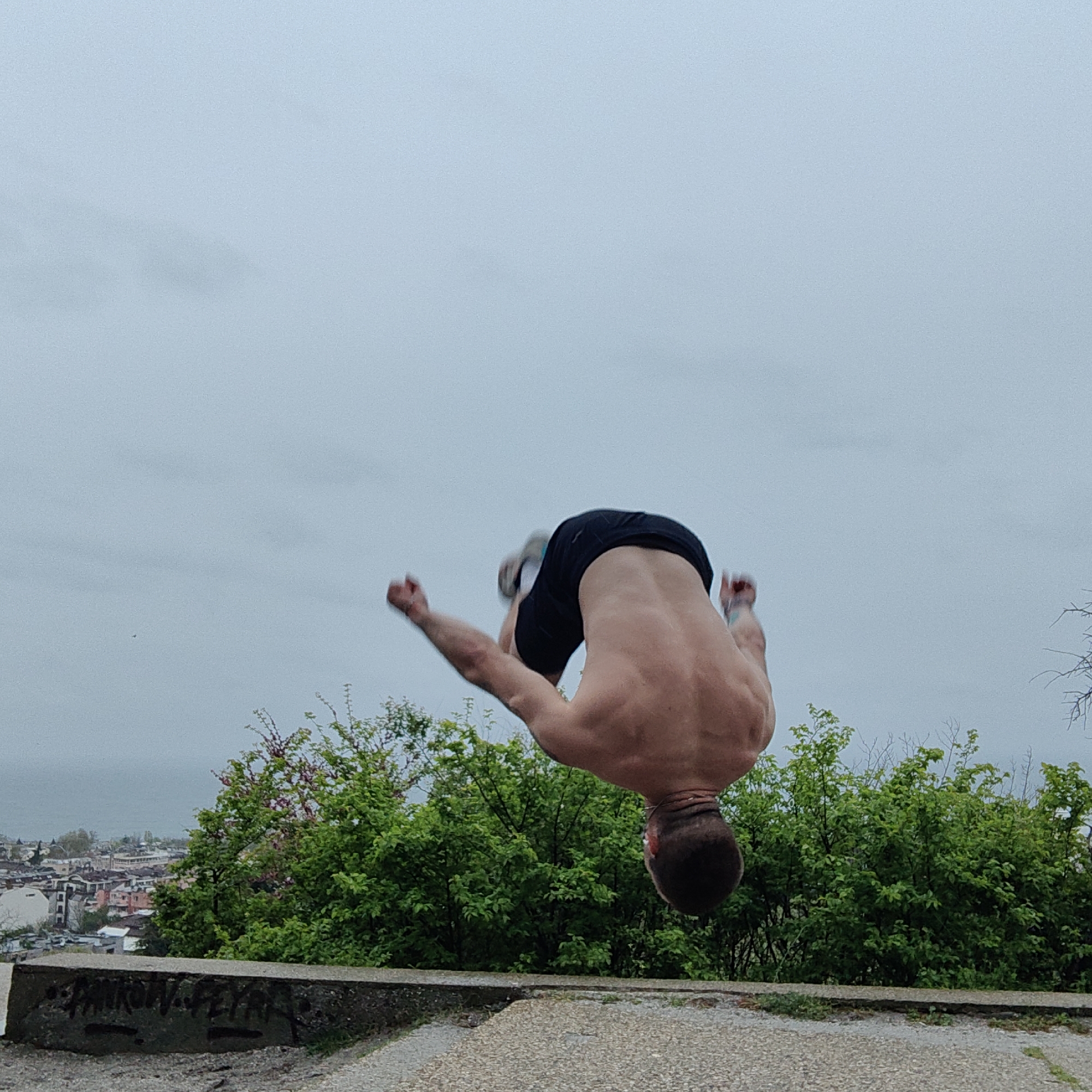 A shirtless man is captured in mid-air, mid-flip, suspended upside down against an overcast sky. He is performing an acrobatic backflip, with his body tucked and arms bent, showcasing his back and arm muscles. He wears black shorts and light-colored shoes, which are briefly visible at the top of the flip.
The setting appears to be an elevated viewpoint overlooking a city. Below the man and extending across the mid-ground are lush green trees and bushes, some bearing hints of pink or purple blossoms. In the lower part of the image, a weathered concrete ledge or wall is visible, covered with indistinct and illegible graffiti.
Beyond the immediate vegetation, a cityscape spreads out, featuring numerous buildings under a soft, diffused light from the cloudy sky. To the far left, a body of water, likely the sea, can be discerned on the horizon, confirming a coastal location. The scene depicts an athletic feat in an urban natural overlook, consistent with a location such as Varna, Bulgaria, on an overcast day.