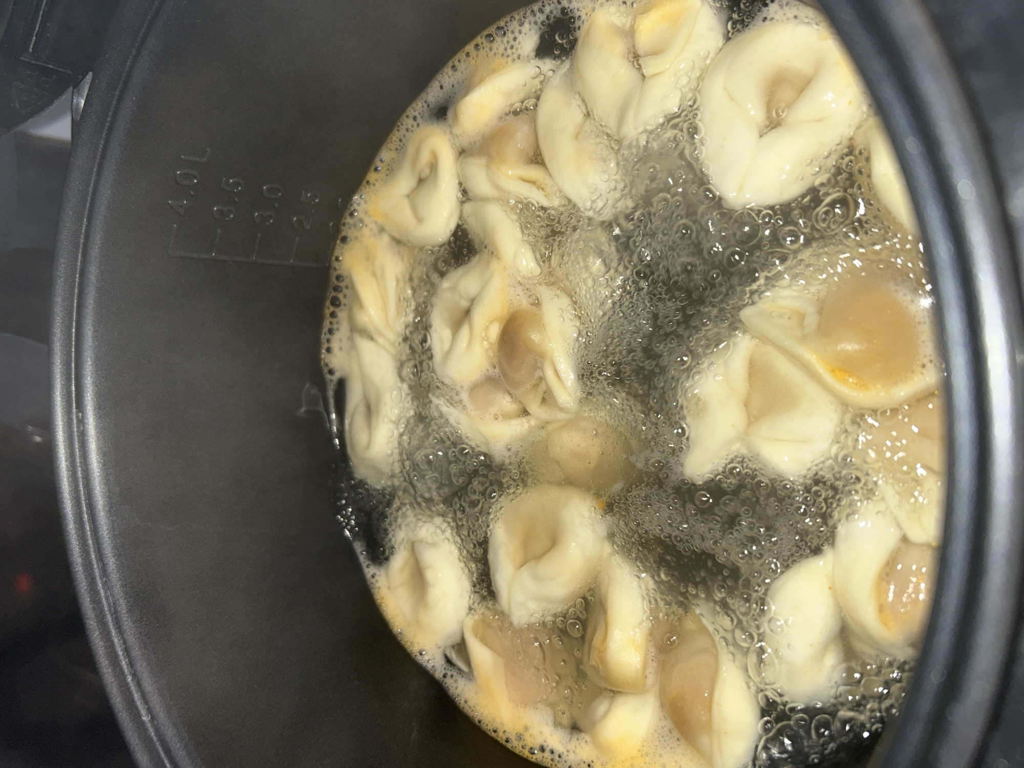 In a dark-colored pot, tortellini are being boiled in water. The pot has measurement markings on the inside rim, indicating 2.5L, 3.0L, 3.5L, and 4.0L. The tortellini are light-colored and appear to be filled with a darker substance, possibly meat or cheese. The water is bubbling vigorously, indicating it is at a rolling boil. The lighting suggests this image was taken indoors, possibly in a kitchen. There are no people visible in the image. The scene does not provide any information about a specific location in Sofia, Bulgaria.