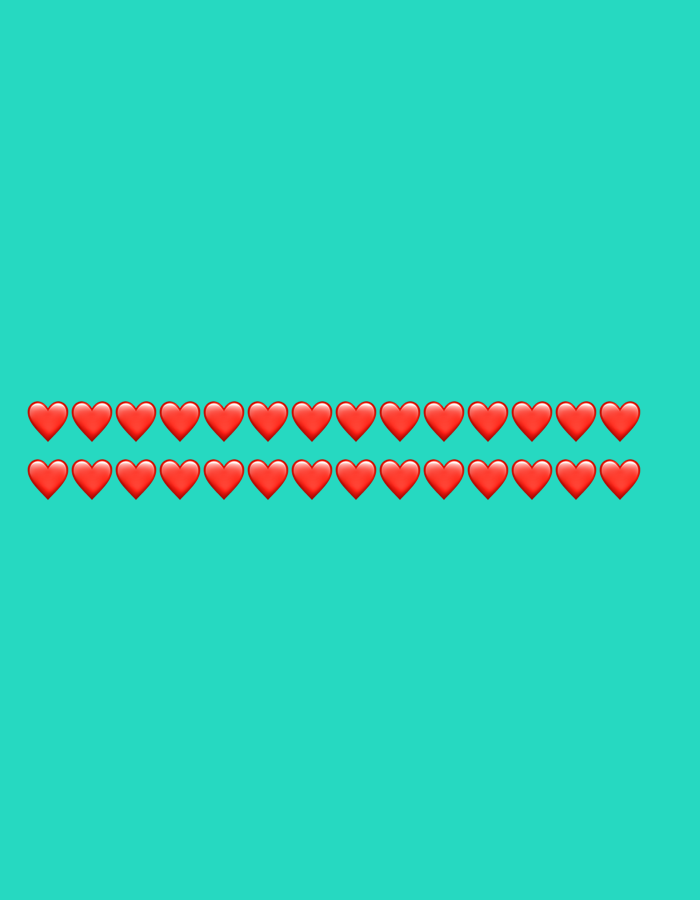 The image displays a solid turquoise background with two horizontal rows of red heart emojis. The top row contains 16 hearts, and the bottom row also contains 16 hearts. There is a significant empty space above and below the rows of hearts. The image is not a photograph of a real-world scene and therefore does not depict any location in Liège, Belgium.