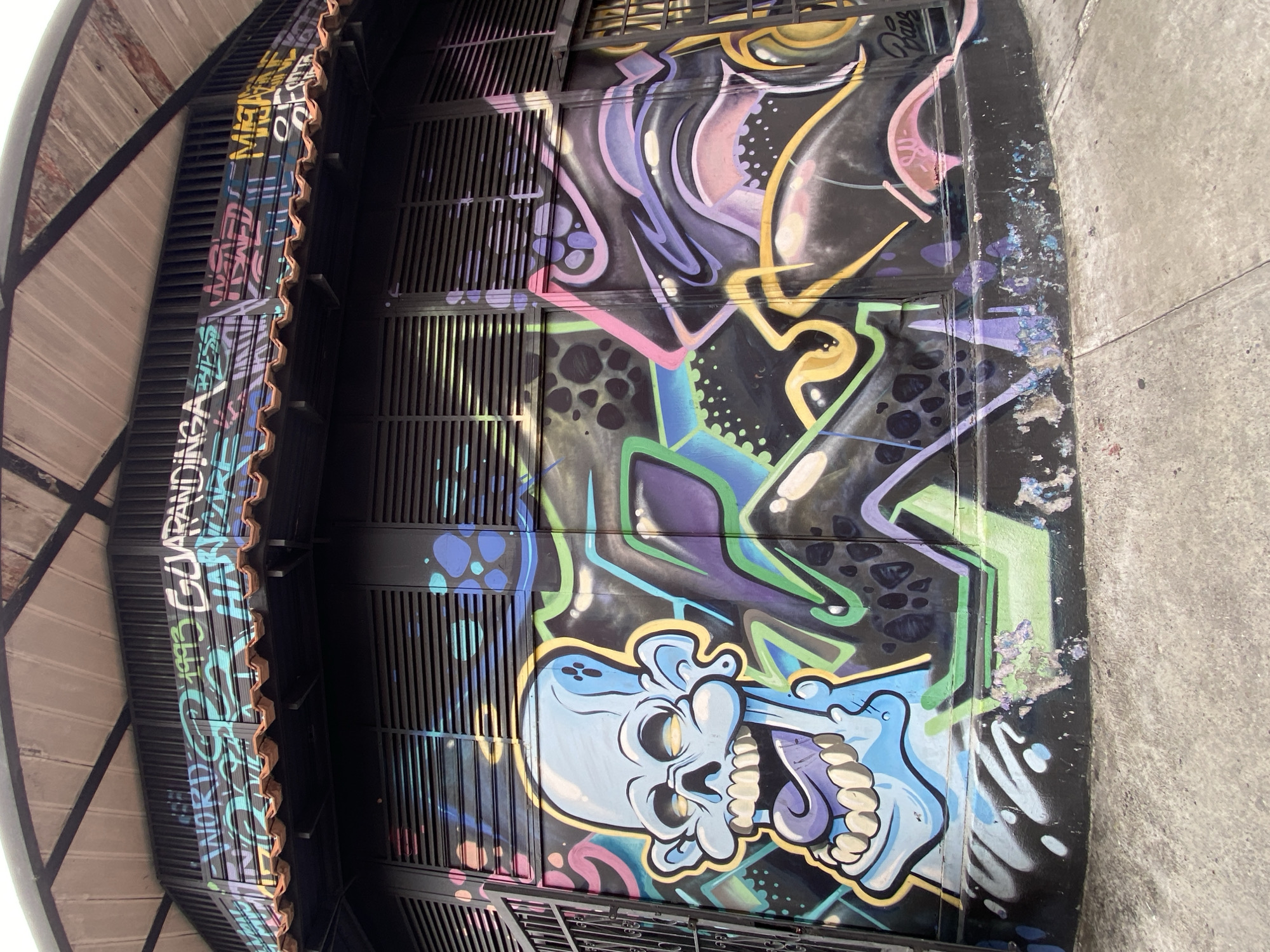 The image displays a vibrant section of a building's exterior adorned with extensive graffiti art, likely in an urban setting during daytime. The artwork covers black metal panels and vertical grates, featuring a dynamic and colorful composition against a dark background.
The central part of the graffiti showcases a large, cartoonish skull-like figure in light blue, characterized by wide-open eyes, prominent white teeth, and an exaggerated, open mouth with a purple tongue. This figure is surrounded by abstract shapes and bold, flowing lines in various shades of blue, purple, pink, yellow, and green. Splashes and speckles of paint are visible around the edges, particularly on the lower right, where the painted surface meets a concrete ground.
Above the main graffiti, on an overhang or awning structure, more graffiti tags are visible. Text in light blue, white, and yellow letters is painted on a dark surface, with the word "GUARANDINGA" clearly discernible. Other partially visible text includes "MIKE" in yellow and what appears to be the year "1993". The structure itself includes a slatted wooden ceiling beneath the overhang and dark support beams.
The scene is brightly lit, suggesting clear weather conditions, with natural light reflecting off the metallic grates. The overall impression is one of energetic street art contributing to the visual landscape of Caracas, Venezuela.