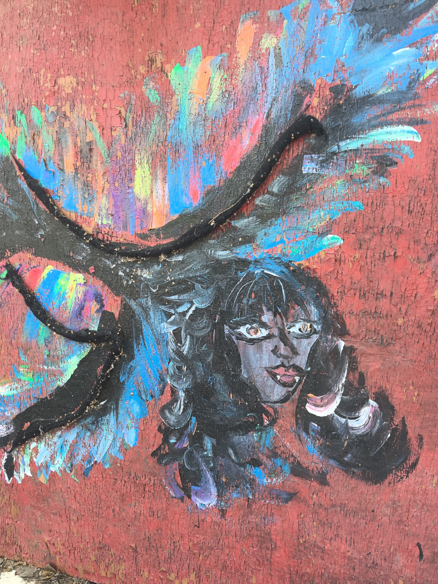 A roughly executed painting on a distressed red surface depicts a woman with dark hair and black wings. The woman's face is painted in shades of black, gray, and purple, with red lips and large, expressive eyes that appear to look directly at the viewer. The black wings extend outwards and upwards from her head, painted with thick, gestural strokes. Splashes of blue, green, yellow, and purple paint surround the woman and wings, creating a chaotic and vibrant background. The red surface of the painting is cracked and peeling, giving the artwork a weathered and aged appearance.
There is no indication of the location in the city of Noviy, Russia.