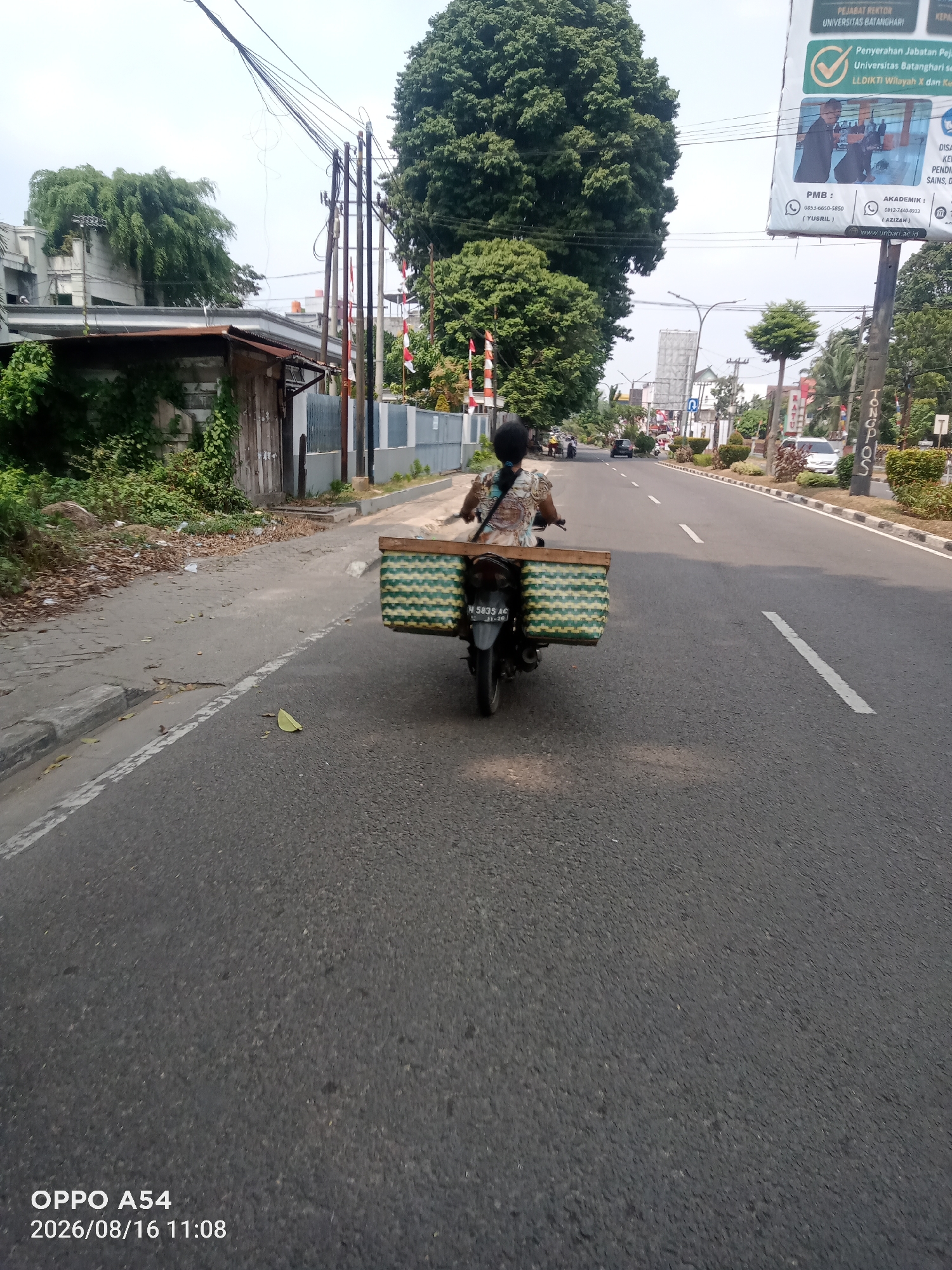 A rear-view medium shot captures a person riding a motorcycle on a paved road in Jambi, Indonesia. The rider, facing away from the camera, is wearing a light-colored, patterned shirt and has dark hair. The motorcycle is equipped with a large, woven basket on the back, green and yellow in color, designed for carrying goods. The basket is attached to the motorcycle's luggage rack. The license plate of the motorcycle, partially obscured, reads "N 5835 AC".
The environment suggests an urban setting. To the left of the road, a sidewalk is visible, bordered by a grey concrete curb. Beyond the sidewalk, there are overgrown green plants and a weathered, possibly abandoned, small building with a corrugated metal roof. Further back, a larger building with white walls and a grey roof stands amidst lush trees.
The road itself is asphalt, with white lane markings indicating traffic flow. In the distance, other vehicles, including cars and motorcycles, are visible on the road, suggesting moderate traffic. The background features a mix of trees, utility poles with numerous wires, and buildings, including what appears to be a billboard or advertisement on a pole. The sky is overcast, indicating daytime. The scene is captured on August 16, 2026, at 11:08 AM, as indicated by the timestamp in the lower left corner.
