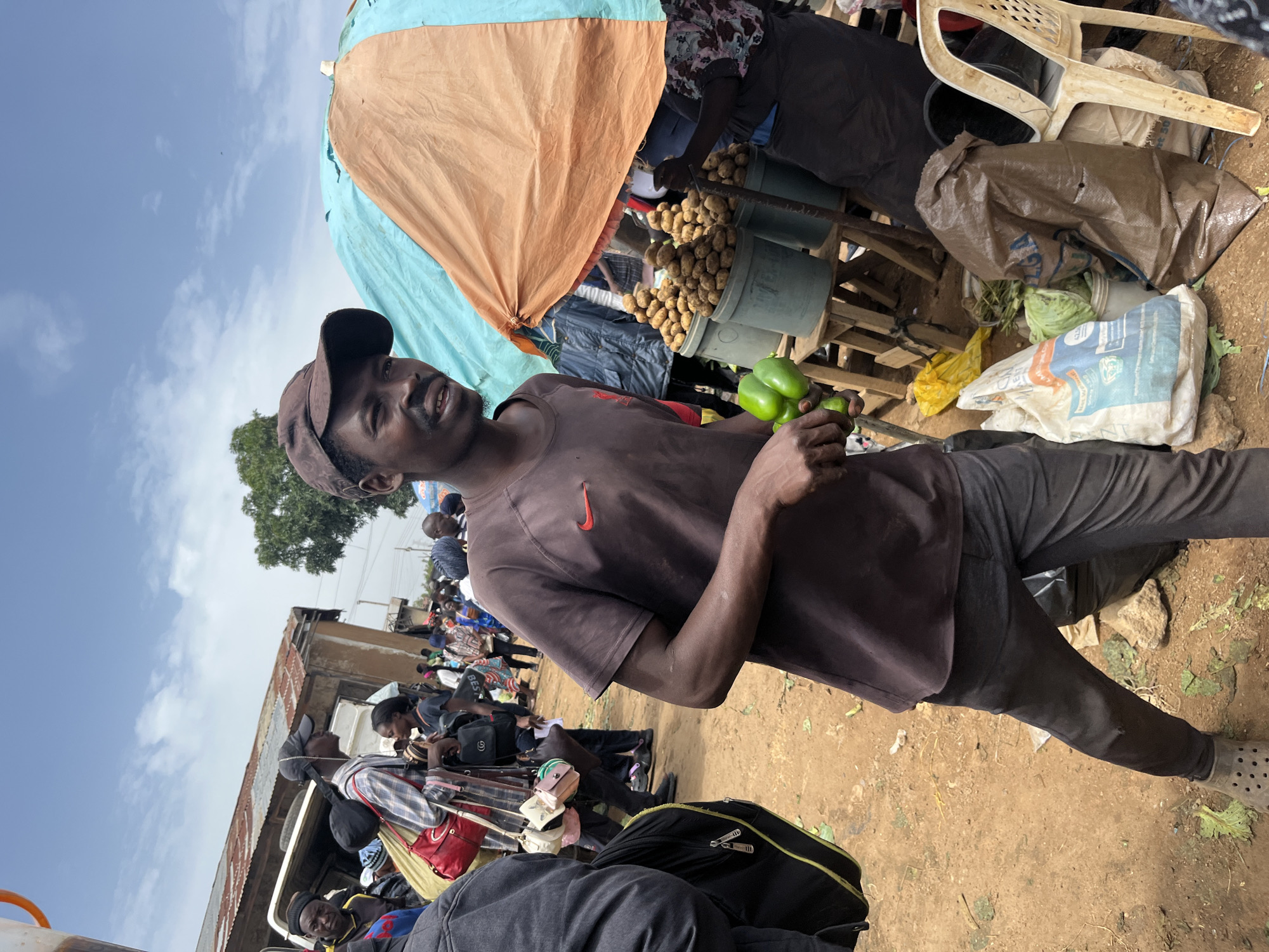 A medium shot captures a man in a brown t-shirt and a dark brown baseball cap holding a bright green bell pepper in his right hand, as he walks through a busy market. His left hand is extended, palm up, and he is looking towards his right, with a slight smile on his face. He is wearing dark grey pants and grey Crocs. Behind him, a colorful umbrella shelters a stall piled high with potatoes in buckets. In the background, a crowd of people are milling about, with a rustic corrugated metal building and a partial view of a vehicle suggesting an outdoor market setting. The ground is dirt, with some scattered leaves and debris. The sky above is blue with scattered clouds. The scene appears to be Gura Top, Nigeria.
