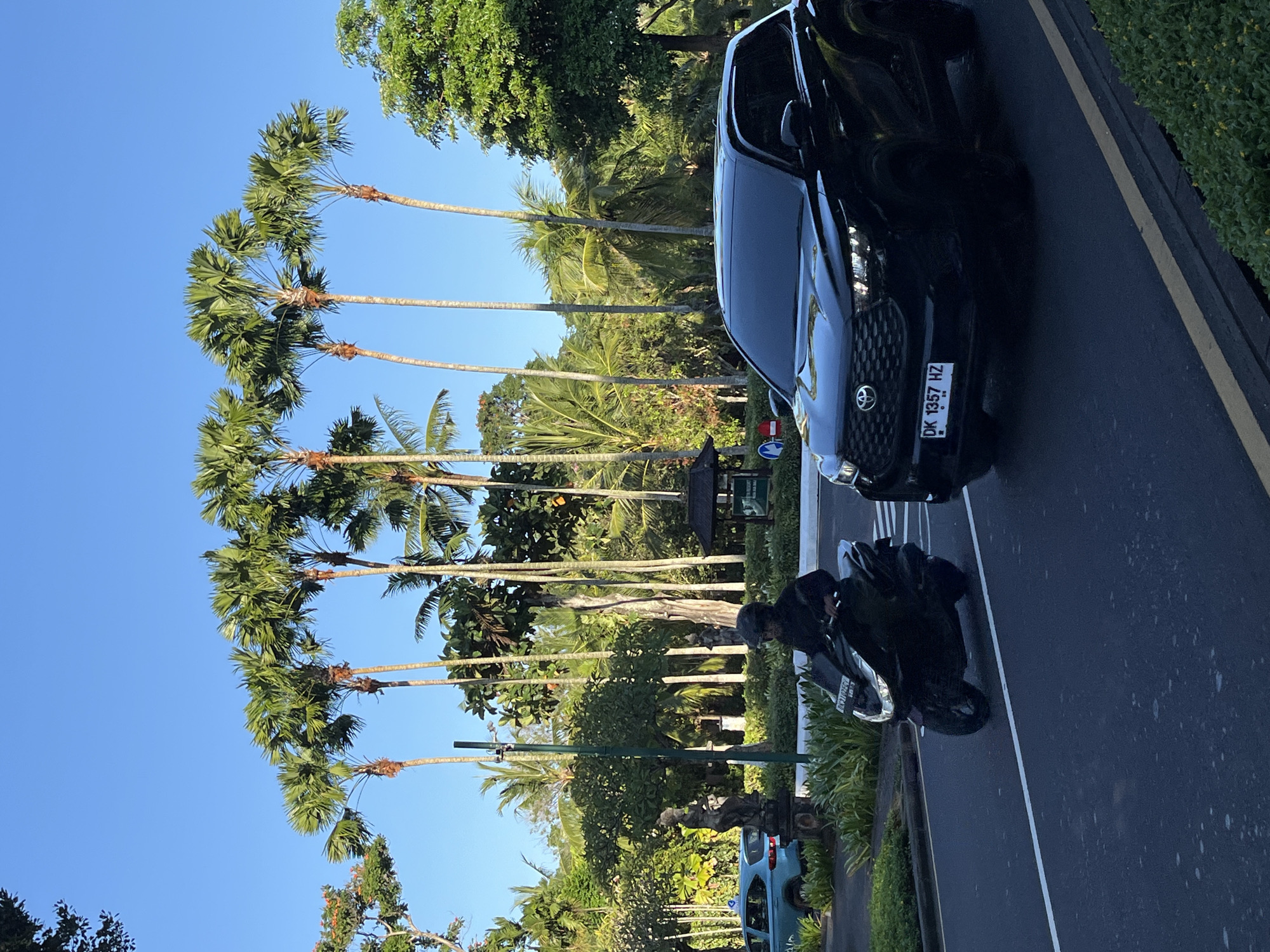 The scene depicts a street in Unknown, Indonesia, lined with tall palm trees against a clear blue sky. A black Toyota car with license plate "DK 1357 HZ" is parked on the right side of the road. Adjacent to the car, a black motorcycle is also parked. There is a person near the motorcycle. In the background, there are various trees and shrubs. A partially visible blue car is also parked further down the street. The road is paved and has a white line marking the lane.