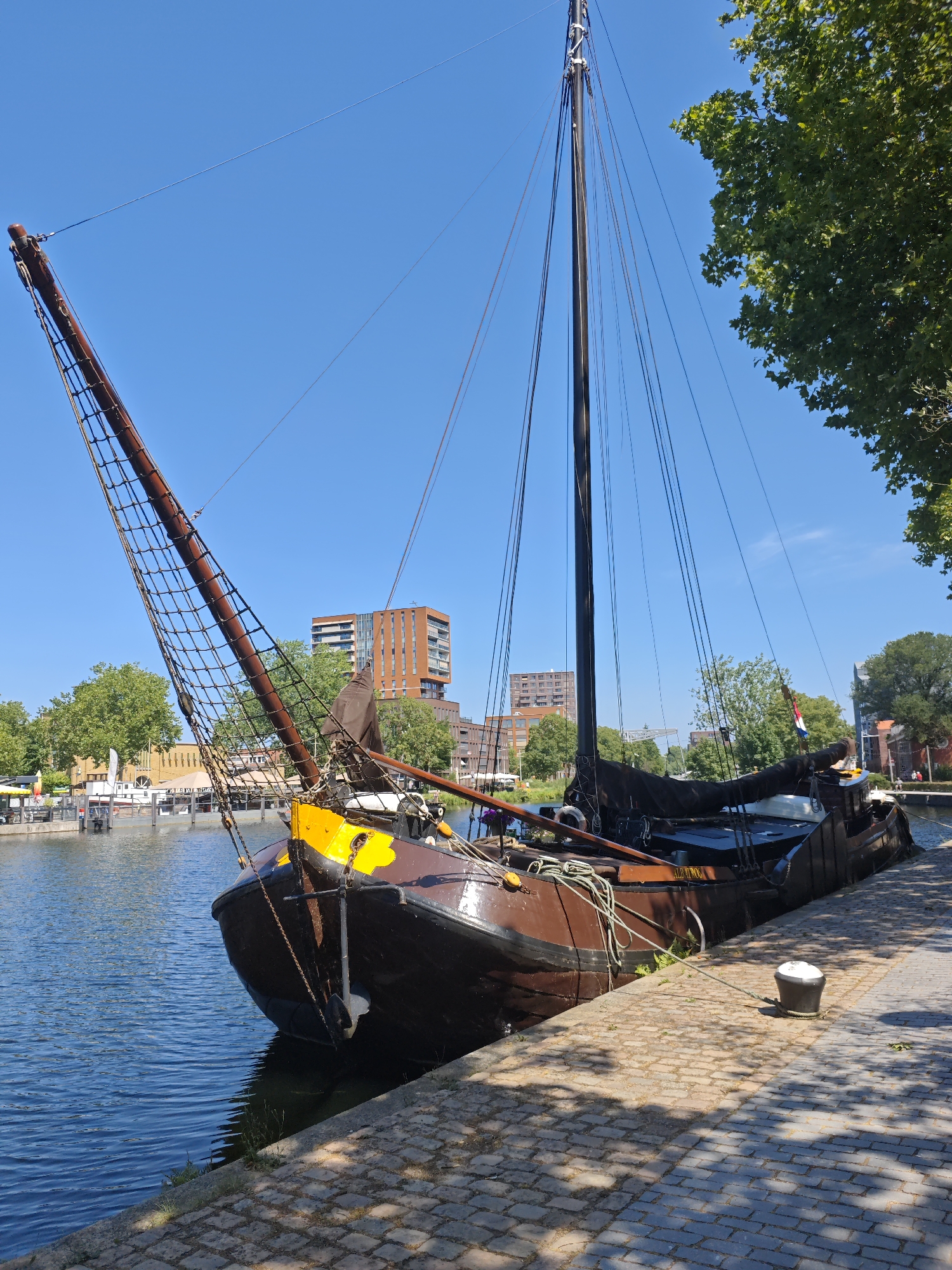 A large, dark brown, single-masted sailing vessel with a prominent yellow bow is docked at the Spoorzone in Tilburg, Netherlands. The ship is tied to a paved stone embankment with a white bollard and several ropes. The water beside the ship is blue and calm. Tall, green trees line the embankment, casting dappled shadows on the ground. In the background, modern buildings with orange and grey facades rise above the trees, indicating an urban setting. The sky is a clear, bright blue. There are no people visible in the immediate vicinity of the ship.
