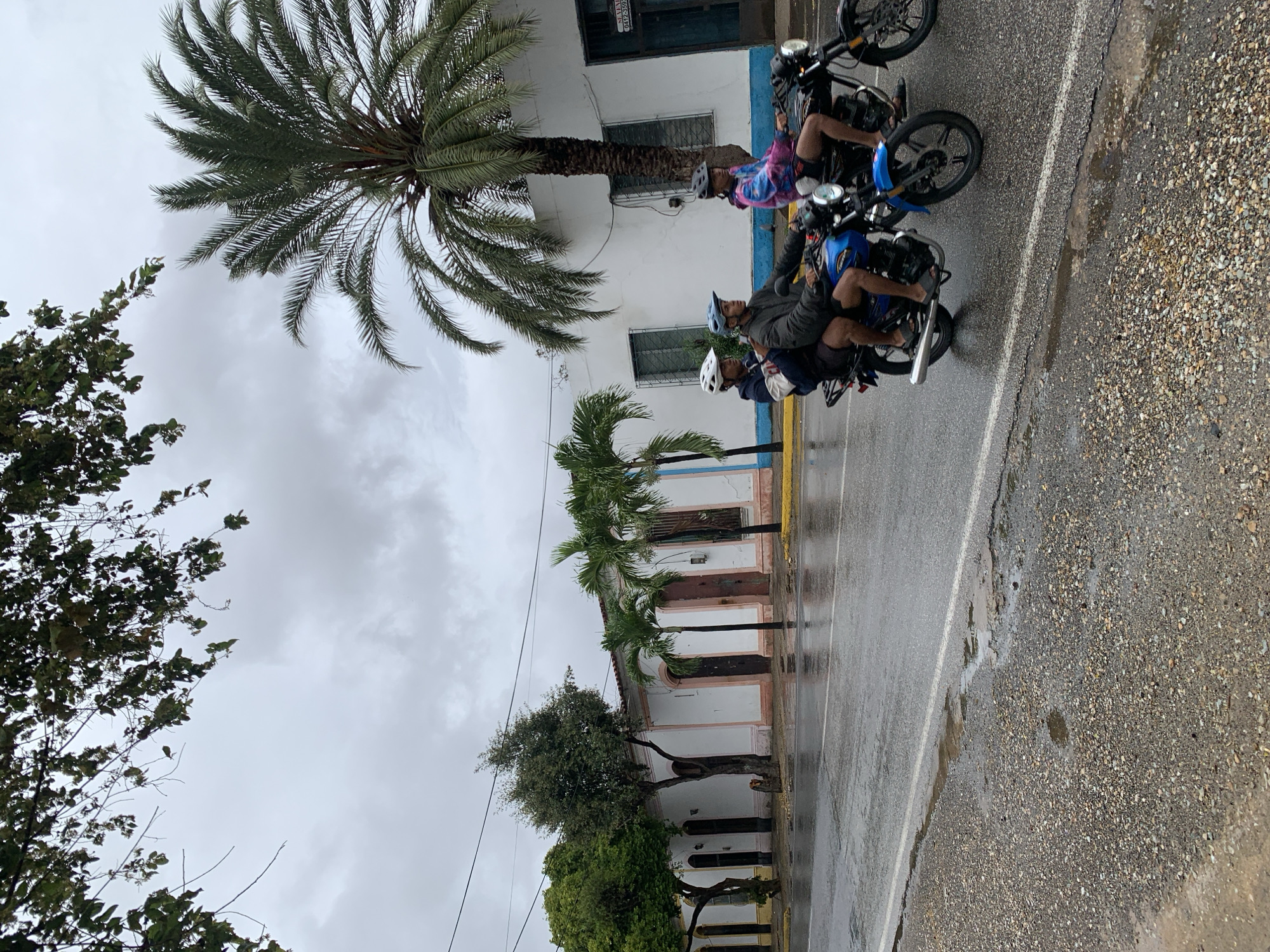 In Tacarigua, Venezuela, on a cloudy day, three individuals are riding on two motorcycles along a wet asphalt road. The motorcycles are moving from right to left in the frame. The first motorcycle, a blue model, carries two people. The rider, a male wearing a dark jacket and a blue helmet, is in the front. Behind him, a male wearing a white helmet is seated. The second motorcycle, a black model, carries one person, a male wearing a colorful jacket and a black helmet. The street is lined with white buildings featuring open doorways and windows. Tropical palm trees and other greenery are visible alongside the buildings and in the background. The sky is overcast with gray clouds. The road surface is wet and reflects the surrounding environment, indicating recent rainfall. The ground on the side of the road is covered in gravel and small stones.