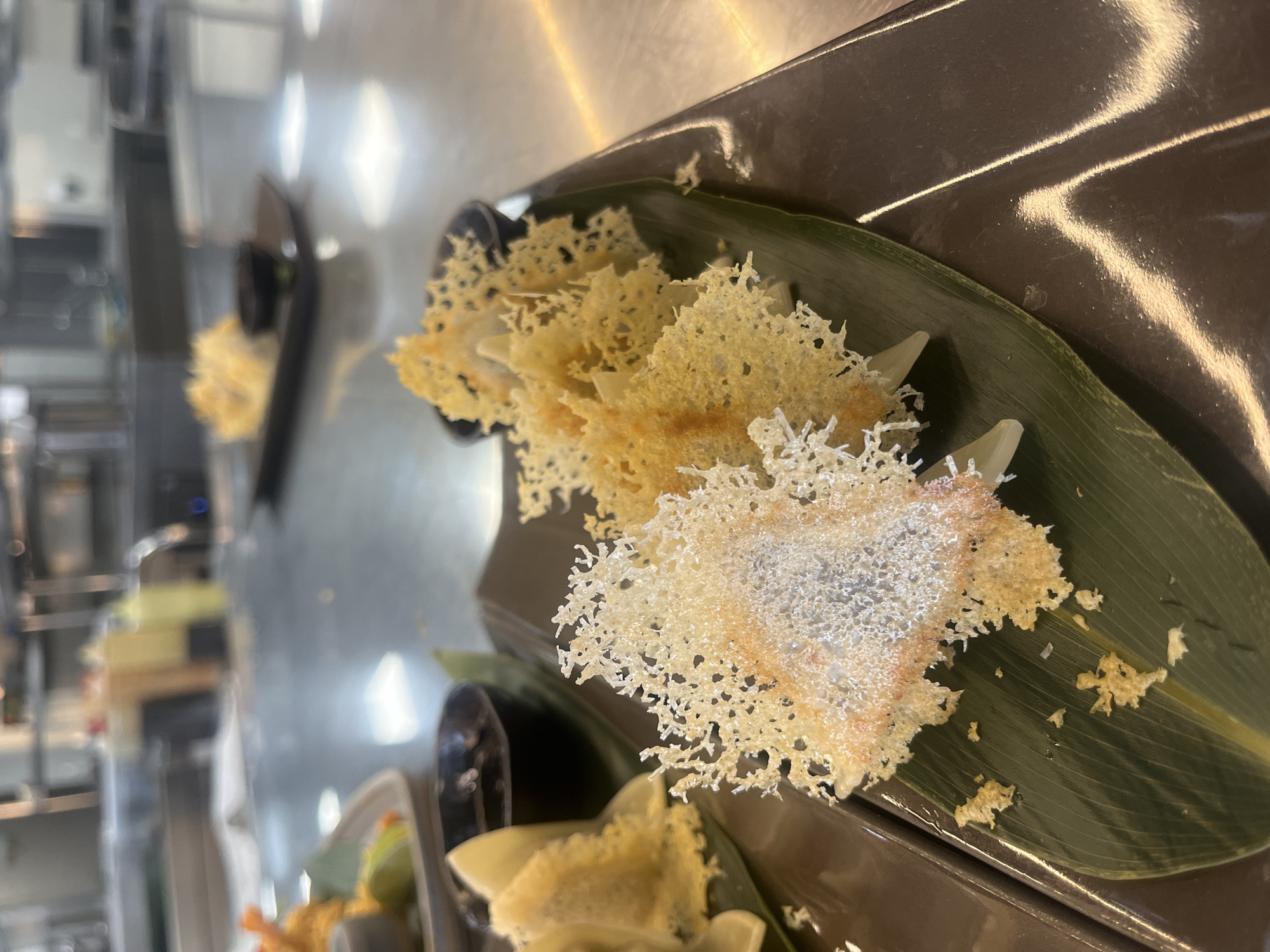 This image provides a close-up view of meticulously presented individual food servings, likely appetizers or small dishes, within a professional kitchen or catering environment located in Sofia, Bulgaria. The scene is shot vertically, focusing on several portions arranged on a reflective surface.
Each serving features a delicate, golden-brown, lacy crisp with an intricate, porous structure, suggesting a light, airy texture. These crisps have irregular, organic shapes, with some areas appearing lighter or dusted with a fine white powder, which could be a sweet or savory garnish. Beneath these delicate crisps are pale, folded food items, consistent in shape, resembling dumplings or similar soft pastries. Each portion is artfully placed on a dark, rectangular plate, which is elegantly lined with a vibrant green, elongated leaf, possibly a banana leaf, adding a natural element and color contrast.
Several such plates are arranged in a row, with additional, blurred servings visible in the background, suggesting a larger preparation or serving line. The table surface is highly reflective, showing abstract light reflections, indicative of a polished metal or high-gloss finish. The background is softly out of focus, revealing glimpses of a modern commercial kitchen setting with metallic equipment and shelving, all illuminated by artificial lighting. No people or visible text are present in the image. The careful arrangement and detailed presentation suggest a focus on culinary aesthetics and readiness for serving.