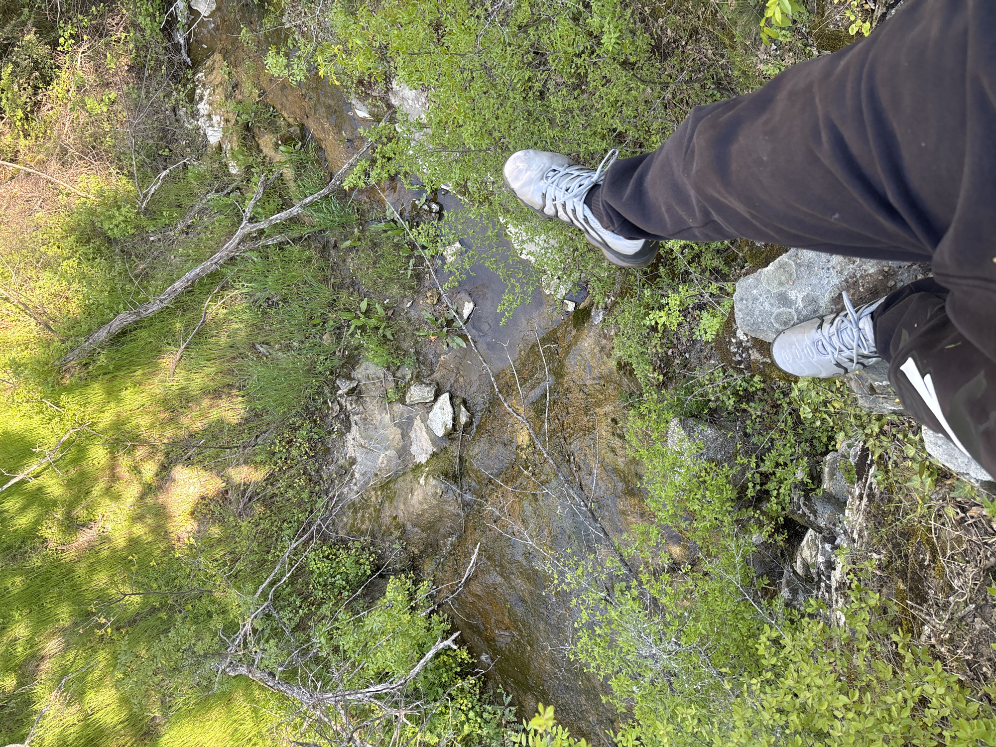 A view from above captures a narrow stream winding through a landscape of rocks, greenery, and sparse trees. Two feet wearing gray athletic shoes are positioned on a rock outcropping at the edge of the scene. The person is wearing dark pants. The stream itself appears shallow, with visible rocks and some clear water. Patches of sunlight illuminate sections of the green vegetation. The location is most likely a natural area outside of the city itself. There is no evidence to corroborate the image location as Goritsa, Bulgaria.