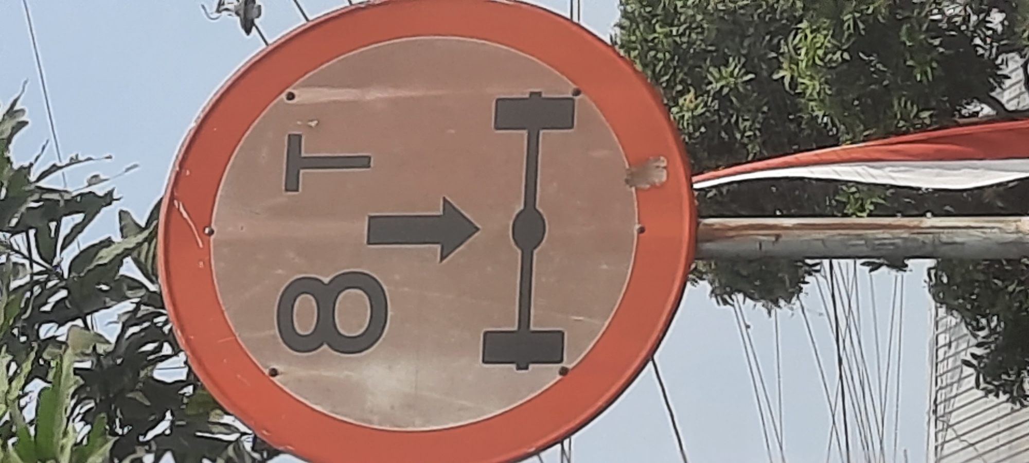 A circular traffic sign with a red border is displayed on a metal pole. The sign's background is faded and shows some wear. At the top of the sign, there is a large number "8" on the left and the letter "T" on the right. Below these characters, a black arrow points downwards. The lower portion of the sign depicts a schematic of a vehicle's axle with two wheels. The scene is set outdoors, with green foliage visible above and behind the sign. Power lines and a metal roof are also present in the background. A small frog is perched on the right edge of the sign. The sign appears to be located in the village of Siraman, Indonesia, as evidenced by a partial view of an Indonesian flag hanging from the pole, featuring the colors red and white.