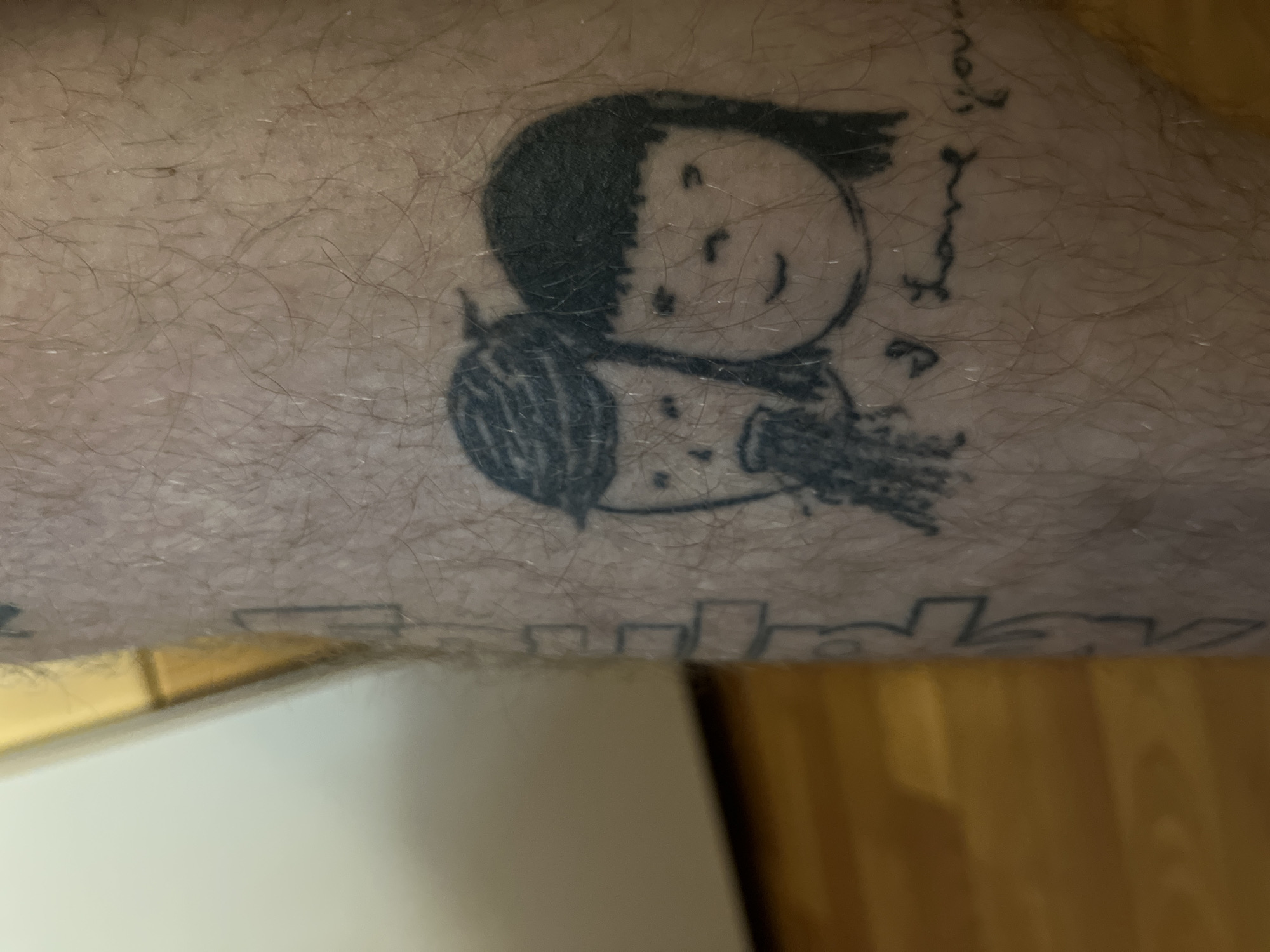 A close-up, top-down, medium shot captures a tattoo on a person's leg. The tattoo depicts two simple, cartoon-like figures side-by-side. The figure on the left has a dark, messy hairstyle, a disfigured face with an open mouth spewing dark ink. The figure on the right has black hair, simple facial features, and a faint smile. Below the figures, the words "I Love You" are tattooed in cursive. The tattoo is rendered in black ink and is partially obscured by hair. The background of the image is out of focus, showing a hint of a wooden floor and a light-colored wall. The scene is indoors, possibly in a residential setting.