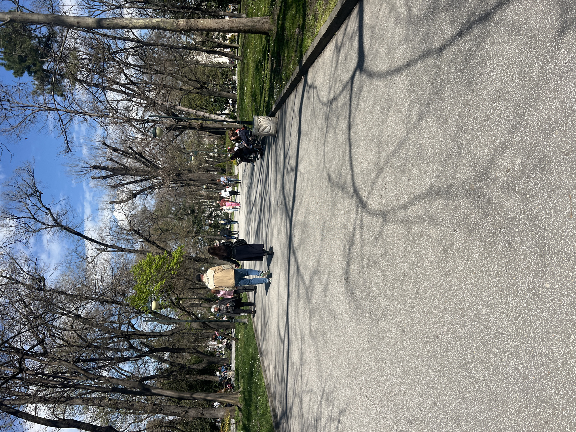 The image depicts a pedestrian pathway in a park setting. The pathway is paved with a speckled gray material and is partially covered with the shadows of trees. On the left side of the pathway, there is a grassy area with several trees, many of which are bare of leaves. Groups of people are visible in the grassy areas, some sitting. A couple is walking along the pathway. A trash receptacle is on the edge of the pathway near a group of people on a bench. The sky is visible through the branches of the trees and is blue with scattered clouds. The location is likely the Tsar Simeon Garden in Plovdiv, Bulgaria.