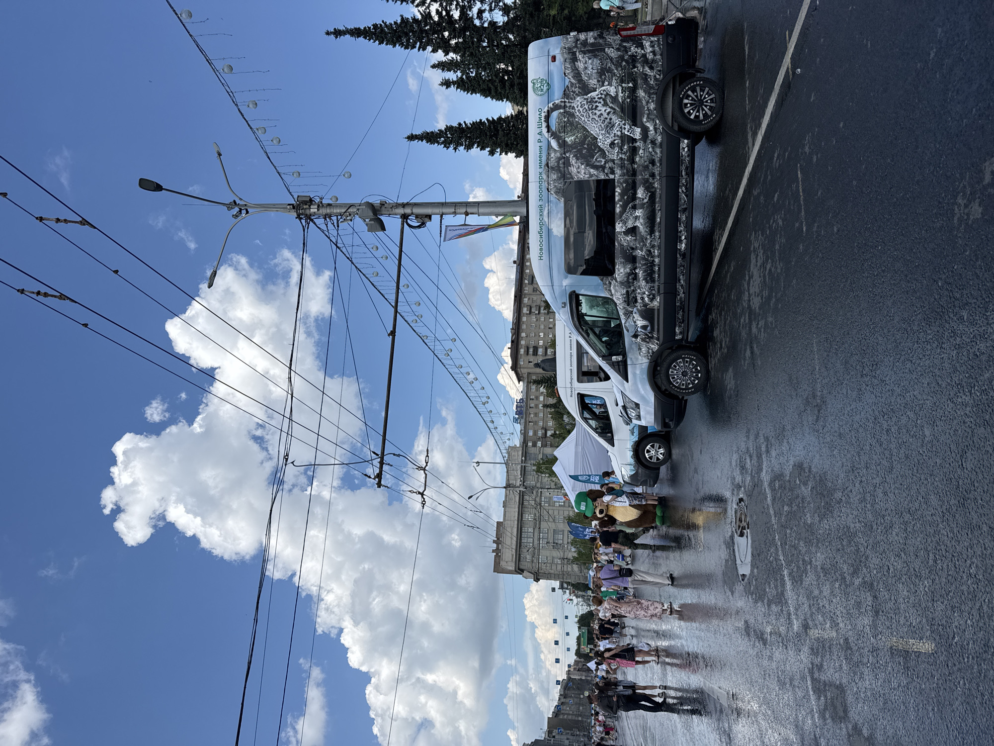 The image captures a street scene in Novosibirsk, Russia, after a rain shower, as indicated by the wet pavement reflecting the sky and surrounding objects. A parade or event is taking place, with several people walking on the street, some appearing to be participants and others spectators. In the foreground, two vans are parked. The van on the right is prominently decorated with an image of a snow leopard and the text "Новосибирский зоопарк имени Р.А. Шило" (Novosibirsk Zoo named after R.A. Shilo). A person in a mascot costume, resembling a bear or similar creature with a green hat, stands near the van. In the background, several buildings line the street, typical of a city environment. Overhead, a network of power lines and streetlights crisscross the bright blue sky, which is dotted with fluffy white clouds. The overall atmosphere suggests a public event or festival taking place outdoors in an urban setting.