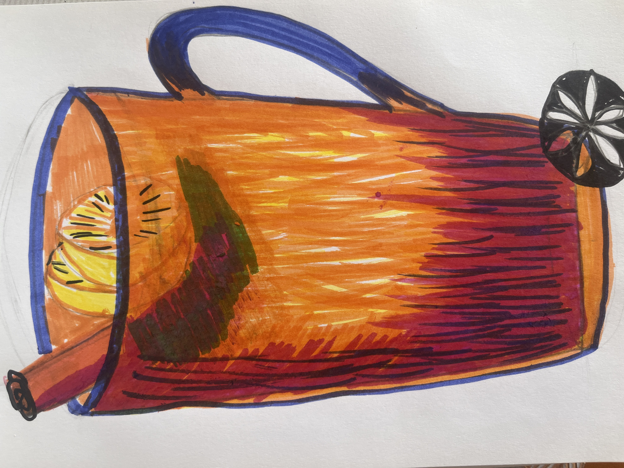 A hand-drawn illustration of a mug filled with a beverage. The mug is primarily orange with vertical strokes of red and purple at the bottom. A blue handle is attached to the right side of the mug. Inside the mug, there appears to be a cinnamon stick and slices of citrus fruit. A small, circular object with black and white segments is positioned at the bottom right of the mug. The drawing is rendered in marker or crayon on a white surface. There is no indication of the city of Kyiv, Ukraine, or any specific location in the image.