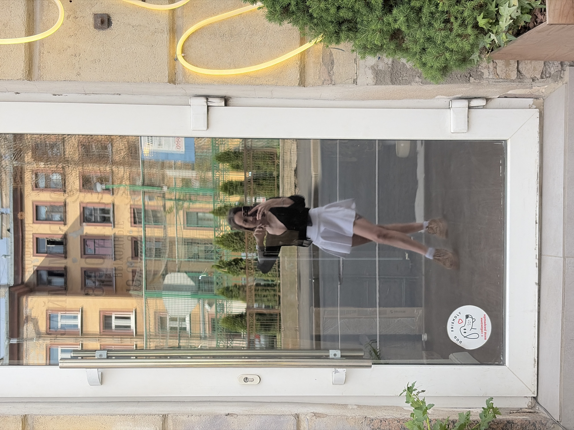 A full-length reflection of a young woman taking a selfie with a smartphone is visible in the glass panel of a white-framed storefront door. The woman has long dark hair and is wearing a black sheer short-sleeved top over a darker garment, a white pleated mini skirt, white socks, and light brown platform-soled shoes. She holds the phone in her right hand, positioned to capture her reflection, while her left arm is bent.
The door has a vertical brushed metal handle on the right side of the glass panel and a lock cylinder embedded in the white frame on the left. A white circular sticker on the lower left of the glass reads "DOG FRIENDLY" in English and "С СОБАКАМИ ВХОД РАЗРЕШЕН" (Entry with dogs allowed) in Cyrillic. To the left of the door is a light-colored, textured stone wall with some foliage at its base. To the right, a textured light brown stucco wall features a curved yellow neon light installation and a small dark square fixture above it. A small evergreen shrub in a wooden planter box is positioned at the base of this wall. A grey concrete step or threshold lies directly in front of the door.
The reflection in the glass reveals an urban street scene. Prominently reflected is a multi-story, ochre-colored building with numerous windows, some framed in white or dark colors. Cyrillic text, including "КОФЕЙНЯ" (Coffee Shop) and "ВЫХОДНЫЕ" (Weekends) with hours "10.00 - 21.00", is visible on the building's facade. A dark asphalt street is visible below the building's reflection, with a light-colored curb. A dark ornate metal fence and small cone-shaped evergreen trees are reflected beyond the street. A green net structure is also visible in the mid-ground reflection. The architecture and Cyrillic script indicate the location is Saint Petersburg, Russia.