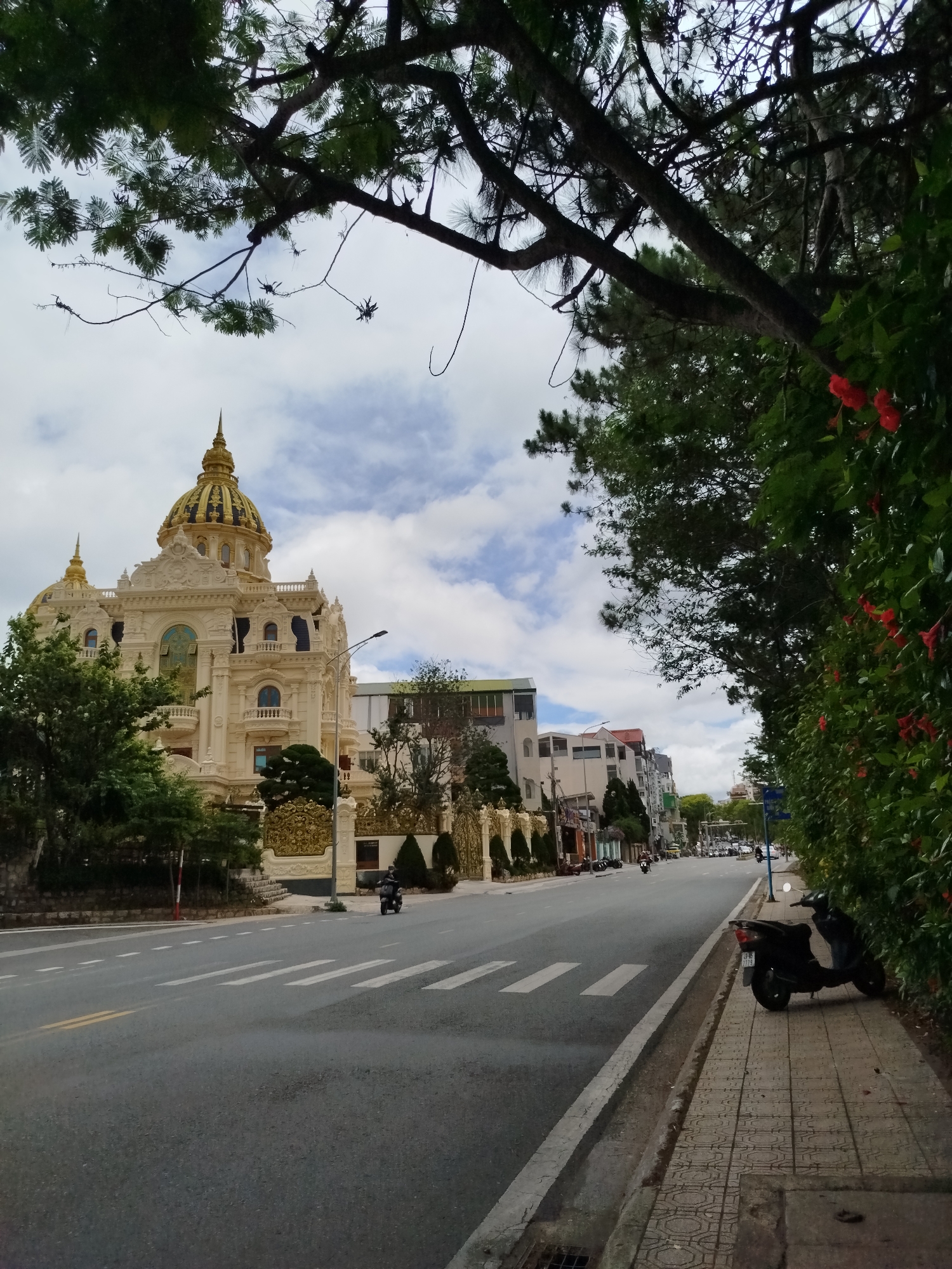 The image depicts a street scene in Da Lat, Vietnam. On the left, a large, ornate building with a golden dome and decorative façade dominates the view, enclosed by a decorative gold fence. The street, paved with asphalt and marked with pedestrian crosswalks, is mostly empty, except for a couple of motorcycles traveling along it. On the right, a sidewalk paved with patterned tiles runs alongside a hedge of green foliage with red flowers. A black motorcycle is parked on the sidewalk against the hedge. Overhead, tree branches with dense foliage partially obscure the sky. In the distance, other buildings and structures line the street, disappearing into the background. The sky is cloudy.