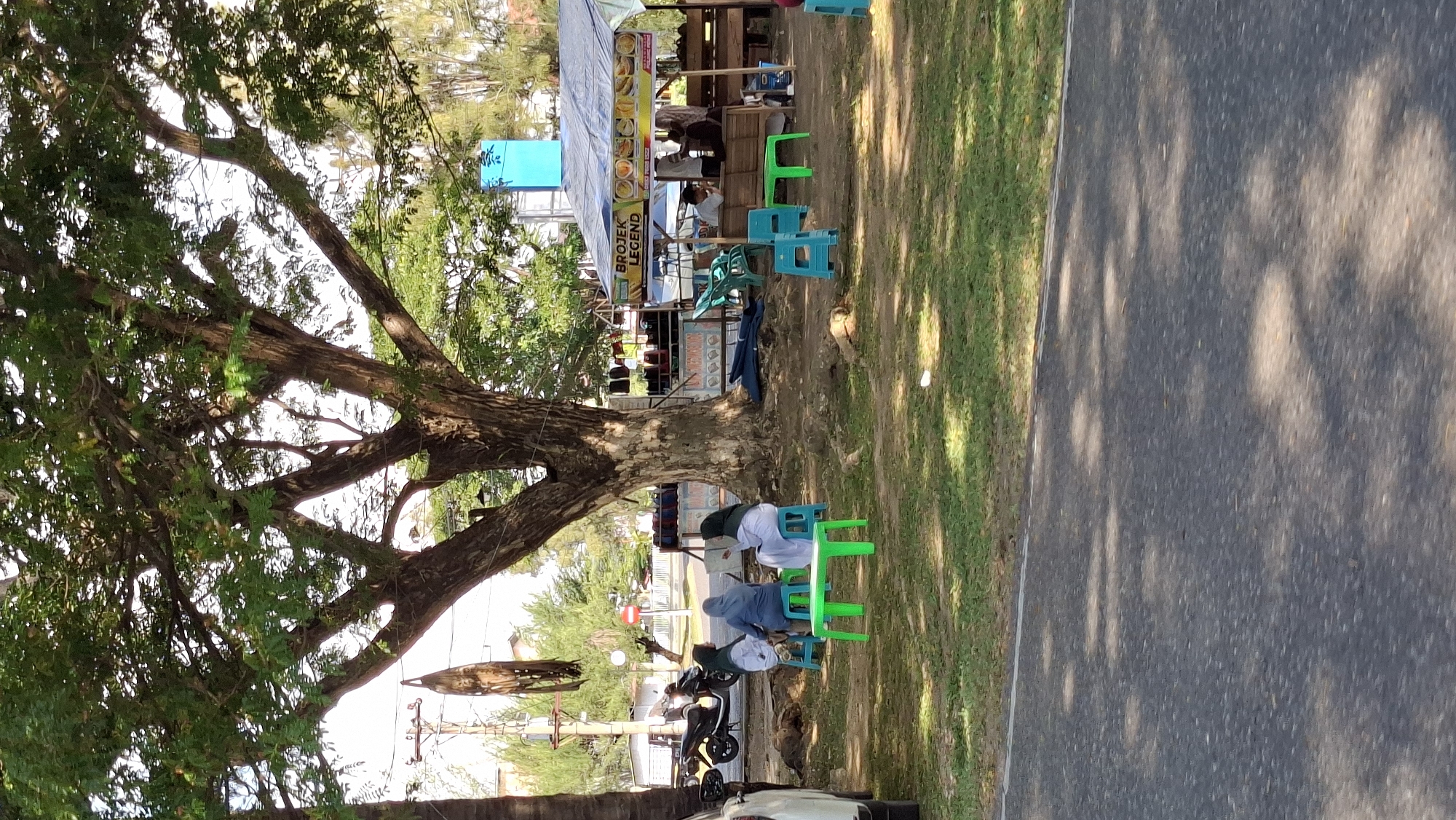The image captures a scene in Lhokseumawe, Indonesia, likely a roadside stall or small eatery set up under a large tree. In the foreground, a paved road is visible with dappled sunlight from the tree canopy creating a pattern on the surface. The middle ground shows a grassy area with several green plastic tables and chairs, some occupied by individuals. Three people, all wearing hijabs, are seated at one table, appearing to be engaged in conversation. Further back, a more permanent structure with a blue tarp roof serves as a food stall. A sign above the stall reads "BROJEK LEGEND." Several people are visible within and around the stall, some appearing to be customers or staff. A motorcycle is parked to the left of the scene. The environment suggests an outdoor public space with trees providing shade, and small businesses operating in a casual setting.