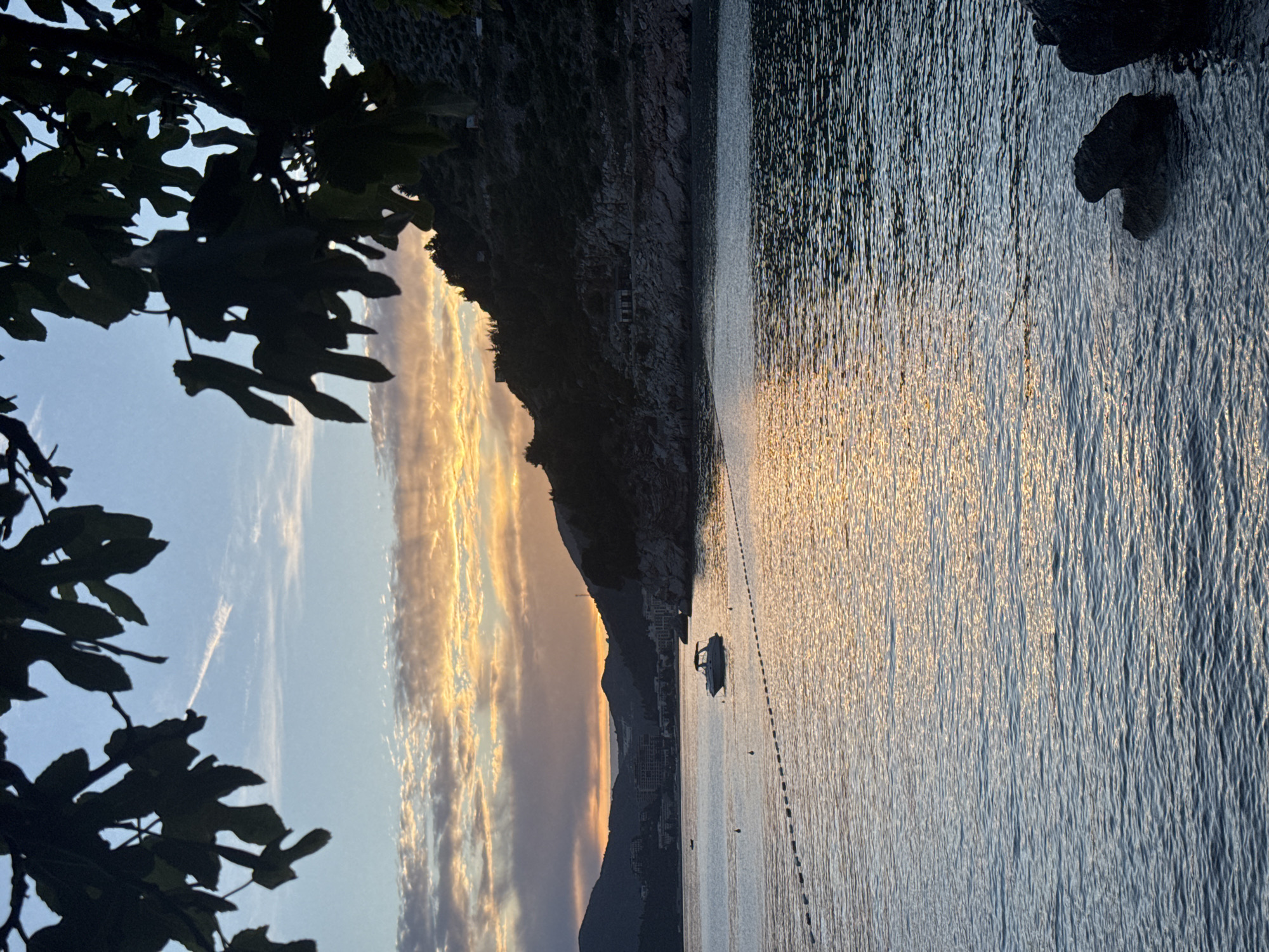 The image displays Kamenovo Bay in Montenegro under lighting conditions consistent with either sunrise or sunset. The top portion of the frame is partially obscured by the dark, silhouetted foliage of a tree. The sky exhibits a gradient, transitioning from pale blue at its zenith to warm orange and yellow hues at the horizon, featuring scattered clouds and a distinct white contrail in the upper left quadrant. The bay is bordered by dark, undulating hills. A cluster of multi-story buildings forming a settlement is visible on the distant left shore. The water surface of the bay is calm, reflecting the warm sky in a shimmering path of light. A single white motorboat is positioned in the mid-right area of the bay. A line of dark buoys, connected by a rope or chain, extends diagonally from the lower left towards the center. Several dark, partially submerged rocks are present in the lower right foreground. No people are discernible in the scene.