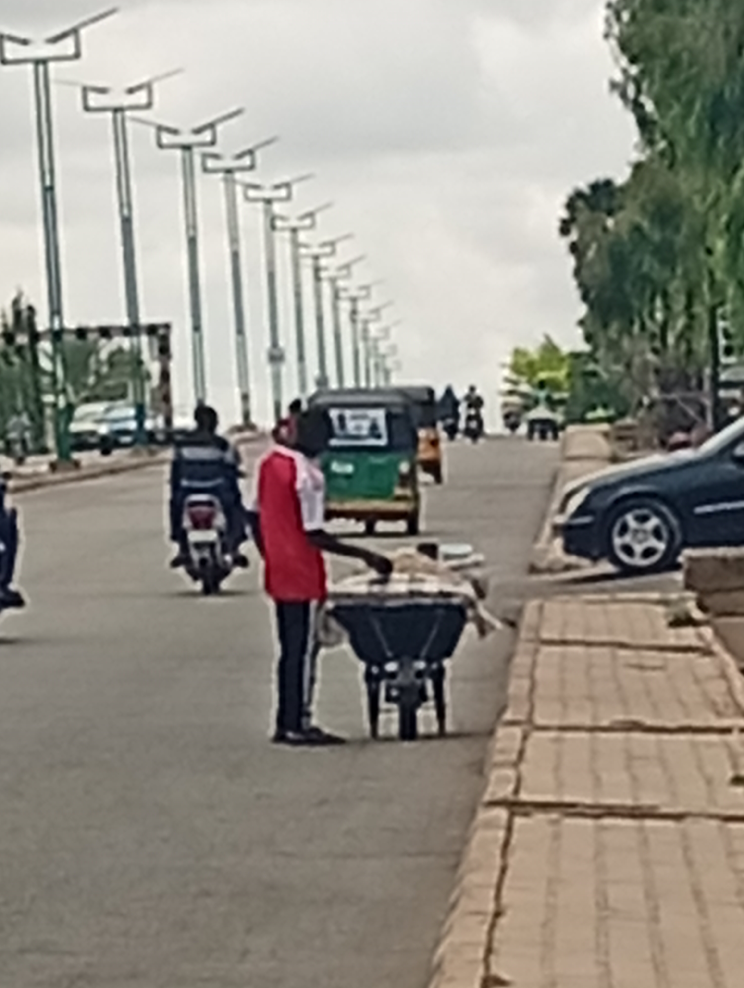 The image depicts a street scene in Gombe, Nigeria, characterized by a row of streetlights and trees lining the road. In the foreground, a person wearing a red and white shirt is standing next to a wheelbarrow filled with what appears to be various items. Further down the road, a dark-colored sedan is parked. Other vehicles, including motorcycles and a tricycle, are visible on the road, with people riding them. The road surface is paved, and there is a sidewalk constructed with interlocking blocks. The sky is overcast.