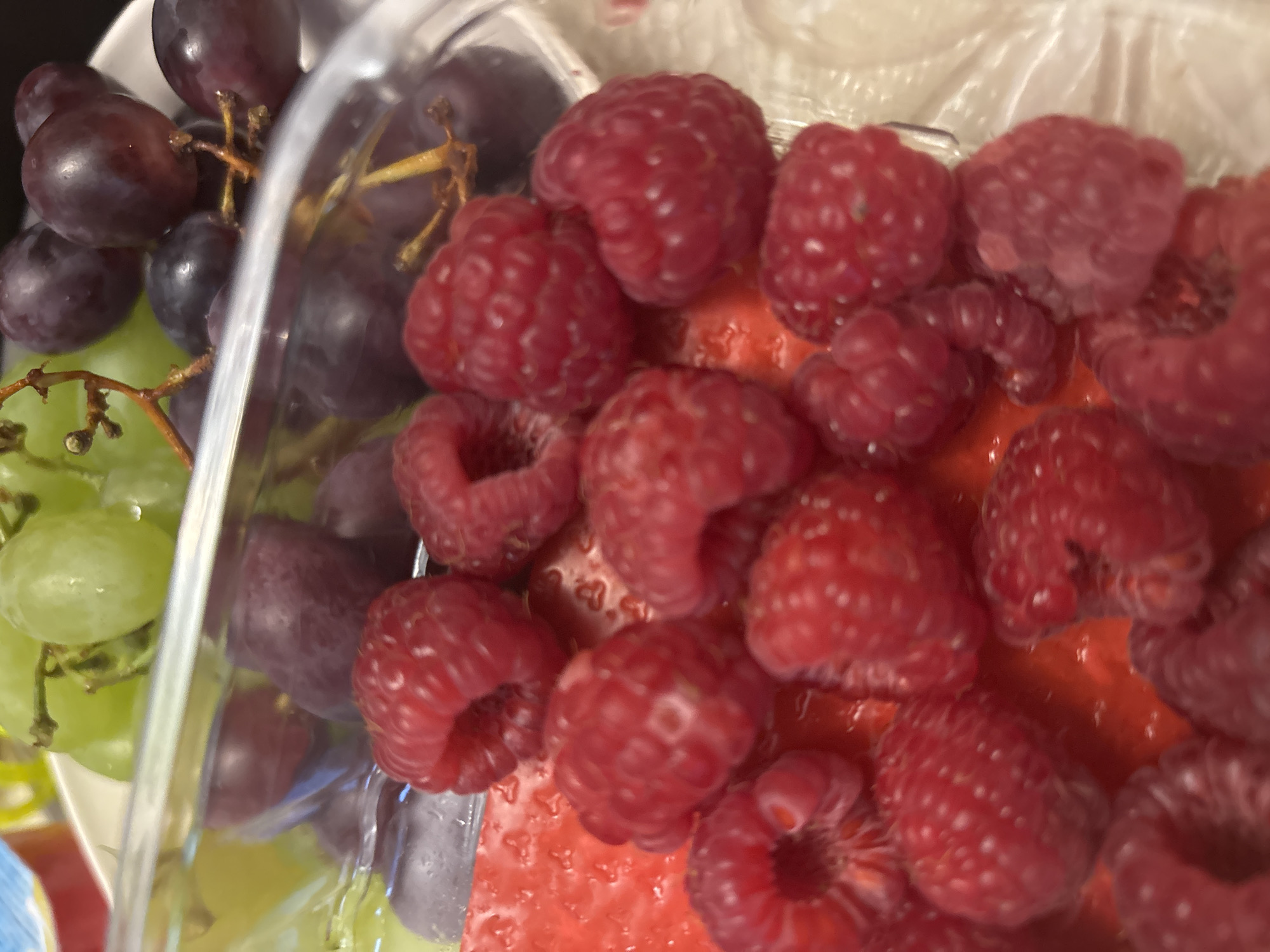 A close-up, overhead shot captures a clear plastic container filled with fresh fruit. In the foreground, a generous layer of vibrant red raspberries is visible, some resting on a red surface that appears to be a slice of watermelon. Behind the raspberries, a mix of green and dark purple grapes are clustered together. The lighting is bright, highlighting the textures and colors of the fruit. There are no people or animals in the image. The setting is likely a kitchen or dining area. The image does not contain any specific landmarks or details that would indicate its location in the city of Trudovets, Bulgaria.