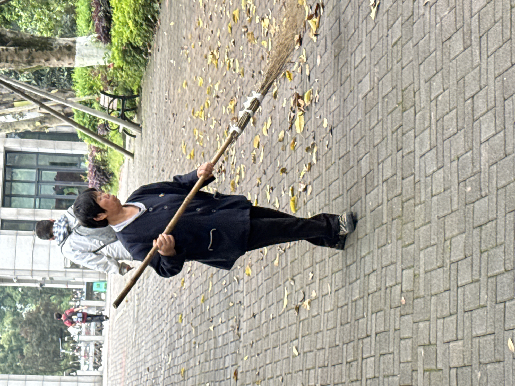 A woman sweeps leaves from a gray brick pathway in Jiangjin, China. She holds a long-handled broom with a thick, bundle-tied straw head. The woman wears a dark navy blue jacket with a white collar, and dark pants. Fallen yellow leaves litter the path. Behind her and to her left, a person in a light-colored jacket walks on the same path, and another person in red walks further away. To the left of the pathway are trees, bushes, and a bench. A building is visible behind the trees.