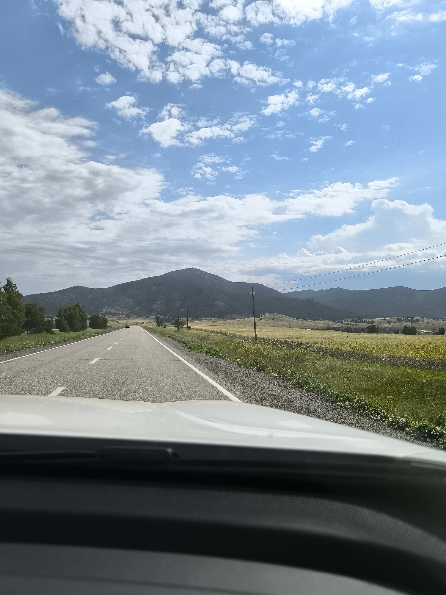 A view from a vehicle's interior shows a two-lane asphalt road stretching towards a large, dark, tree-covered mountain under a bright blue sky with scattered white clouds. The road has white dashed lines marking the lanes and solid white lines on the edges. To the right of the road is a field of tall green and yellow grass with some scattered wildflowers and a utility pole with wires. A few cars are visible on the road in the distance. The foreground shows the dashboard and windshield of the vehicle.