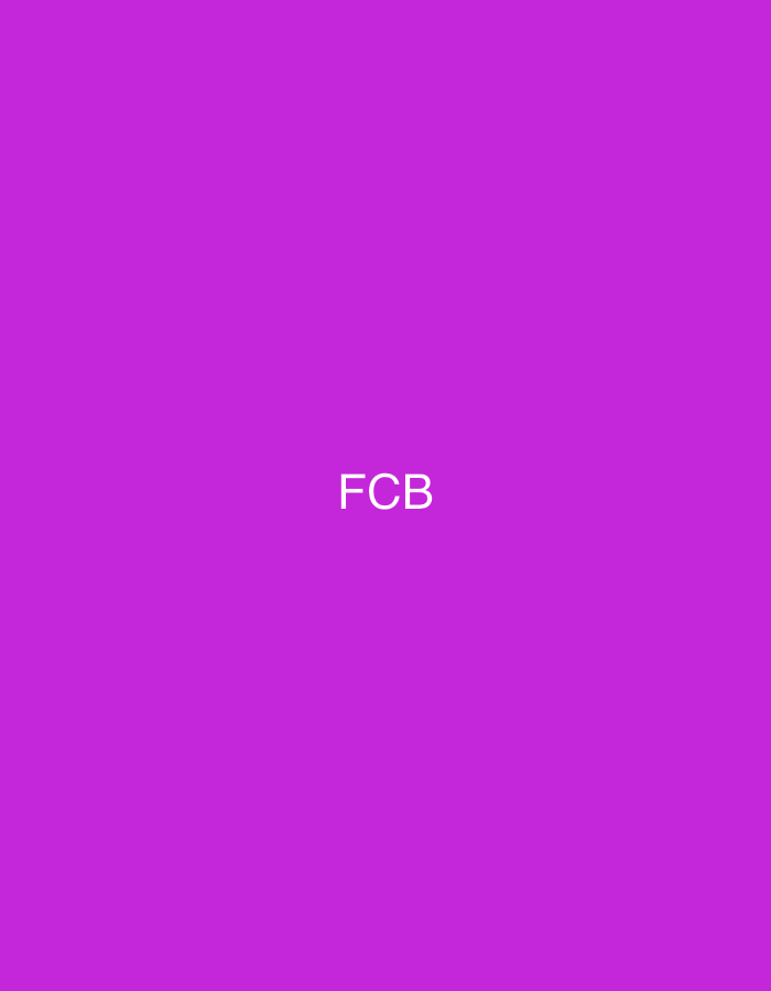 The image displays a uniform, solid magenta background. Centered horizontally and slightly above the vertical midpoint of the frame are three uppercase letters, "FCB", rendered in white, sans-serif font. No other subjects, objects, people, actions, interactions, or environmental features are present in the image. The visual content does not provide any information or cues regarding a specific geographic location, including the city of Casablanca, Morocco.