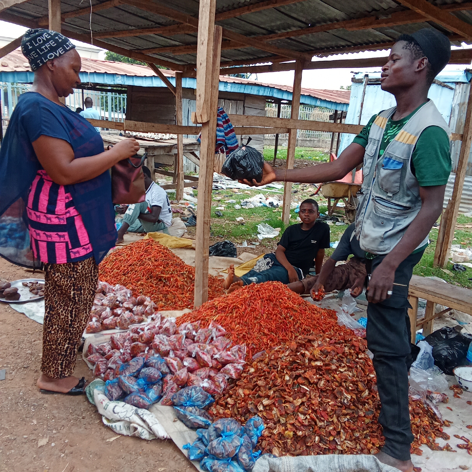 The image depicts a street market scene in Akwanga, Nigeria. A woman in a patterned skirt, pink striped top, and head covering is looking into her purse while standing at a stall. A man wearing a vest is holding out a black plastic bag, apparently making a sale. In front of them are large piles of what appear to be dried peppers and bagged produce on a white cloth. Several other people are present in the background, some seated around the stall. The market is sheltered by a makeshift wooden structure with a corrugated metal roof. The ground is bare earth with scattered debris.