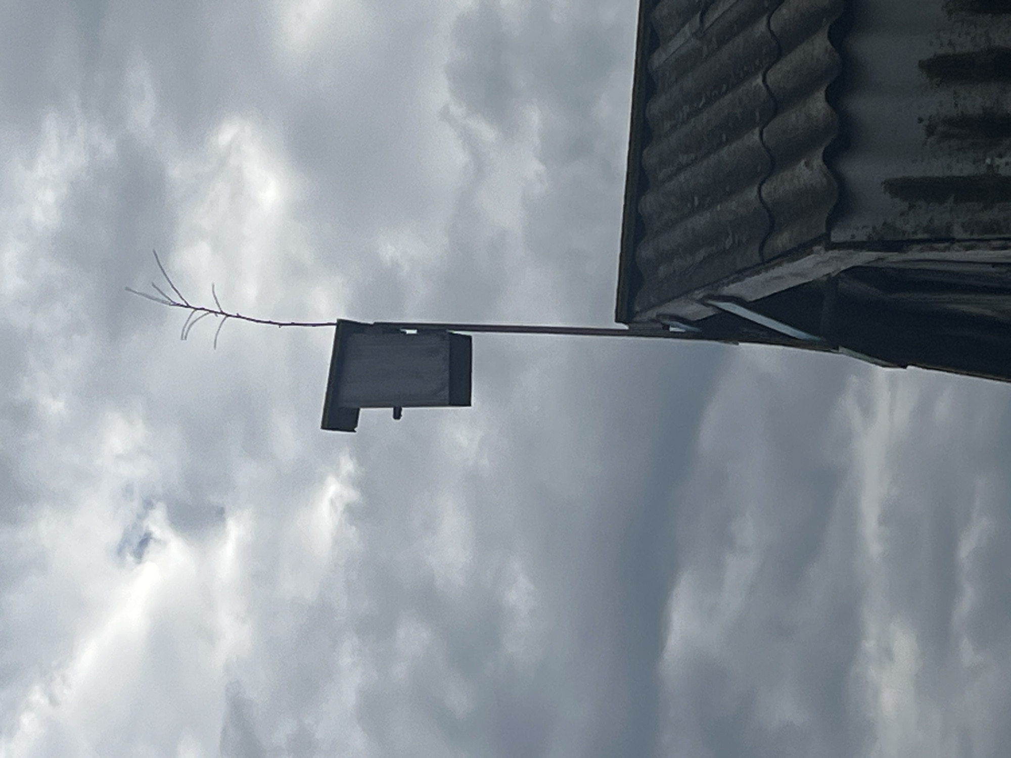 A birdhouse on a pole is mounted above a dark, corrugated roof of a building. The birdhouse is a simple wooden structure, dark in color, with an opening visible on one side. It is positioned high on the pole, which appears to be metallic. A thin, bare branch extends upwards from behind the birdhouse. The sky is overcast with heavy, grey clouds, suggesting a cloudy or stormy day. The building's roof is weathered and dark, showing signs of age. The overall impression is one of a rural or utilitarian setting.