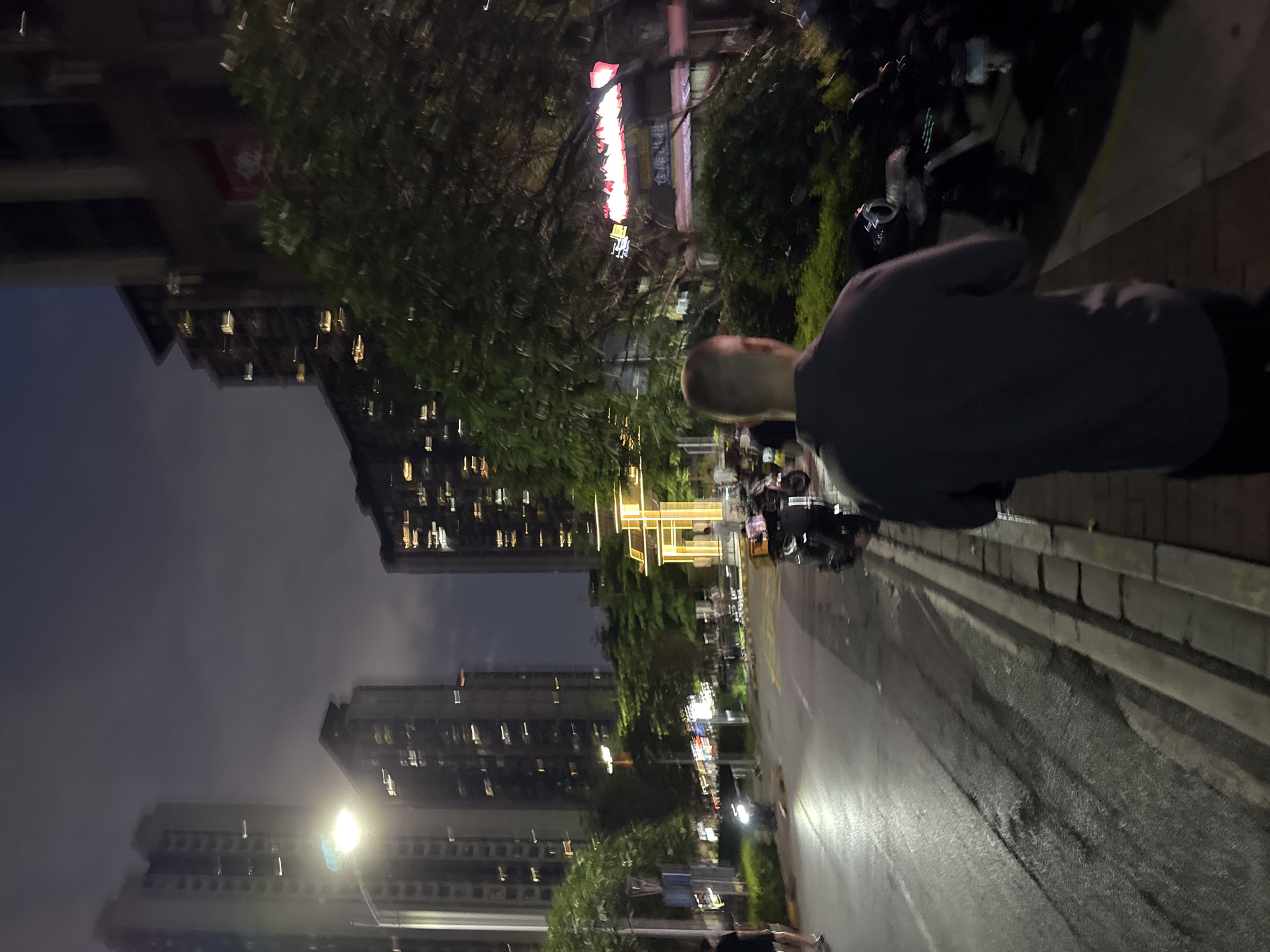 This nighttime image captures an urban street scene in Haizhu District, China. In the foreground, a male individual with short, light-colored hair, wearing a dark long-sleeved shirt and dark pants, is observed from behind, walking on a paved sidewalk towards the right. The adjacent asphalt road surface is visibly wet, reflecting light. A prominent streetlight with a bright white-yellow emission is positioned on the left side, illuminating a section of the street. Multiple high-rise buildings, featuring numerous illuminated windows, define the background under a dark, overcast sky. Trees and foliage line both sides of the street. In the middle ground, towards the right, a distinctive archway structure is illuminated with golden light. Several motorcycles and scooters are parked along the right sidewalk. Additional indistinct human figures and distant illuminated signs are visible further along the street.