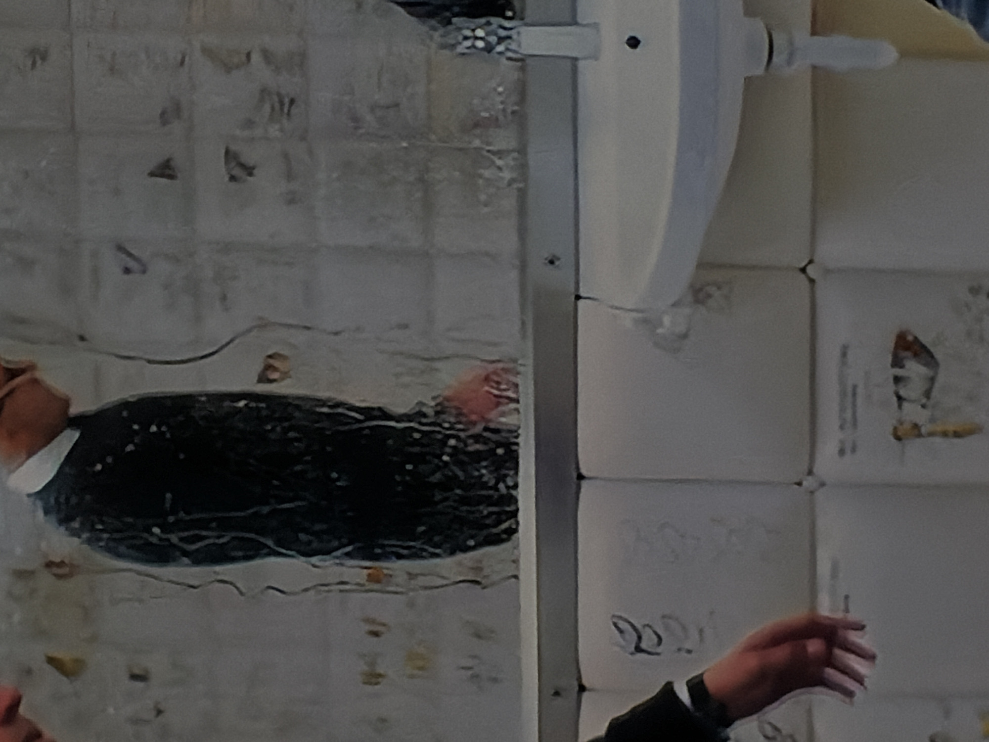 This image captures a scene dominated by reflections, likely in a calm body of water or a highly polished, wet floor. The primary subject is the reflection of a person, visible in the lower half of the frame (if viewed upright). The person wears dark clothing with a light-colored collar or shirt visible at the neck area, and one hand is also reflected. The reflection shows parts of a large, dark mass, likely the person's torso, with white specks and lines that could be light reflections or patterns on clothing.
Above the reflective surface, light-colored, possibly tiled or block-like walls are visible. These walls appear somewhat weathered or dirty, with darker smudges and lighter patches. On the right side, a white, somewhat cylindrical object with an extending arm is mounted on a vertical structure, possibly a wall or support beam. This object, too, is partially reflected.
Faint, dark scribbles resembling "22" are visible on the white blocks in the upper right quadrant of the image. The setting appears to be indoors, under artificial lighting. The location context provided is Sofiivska Borshchahivka, Ukraine. The image does not convey any specific time of day, weather, or discernible emotions.