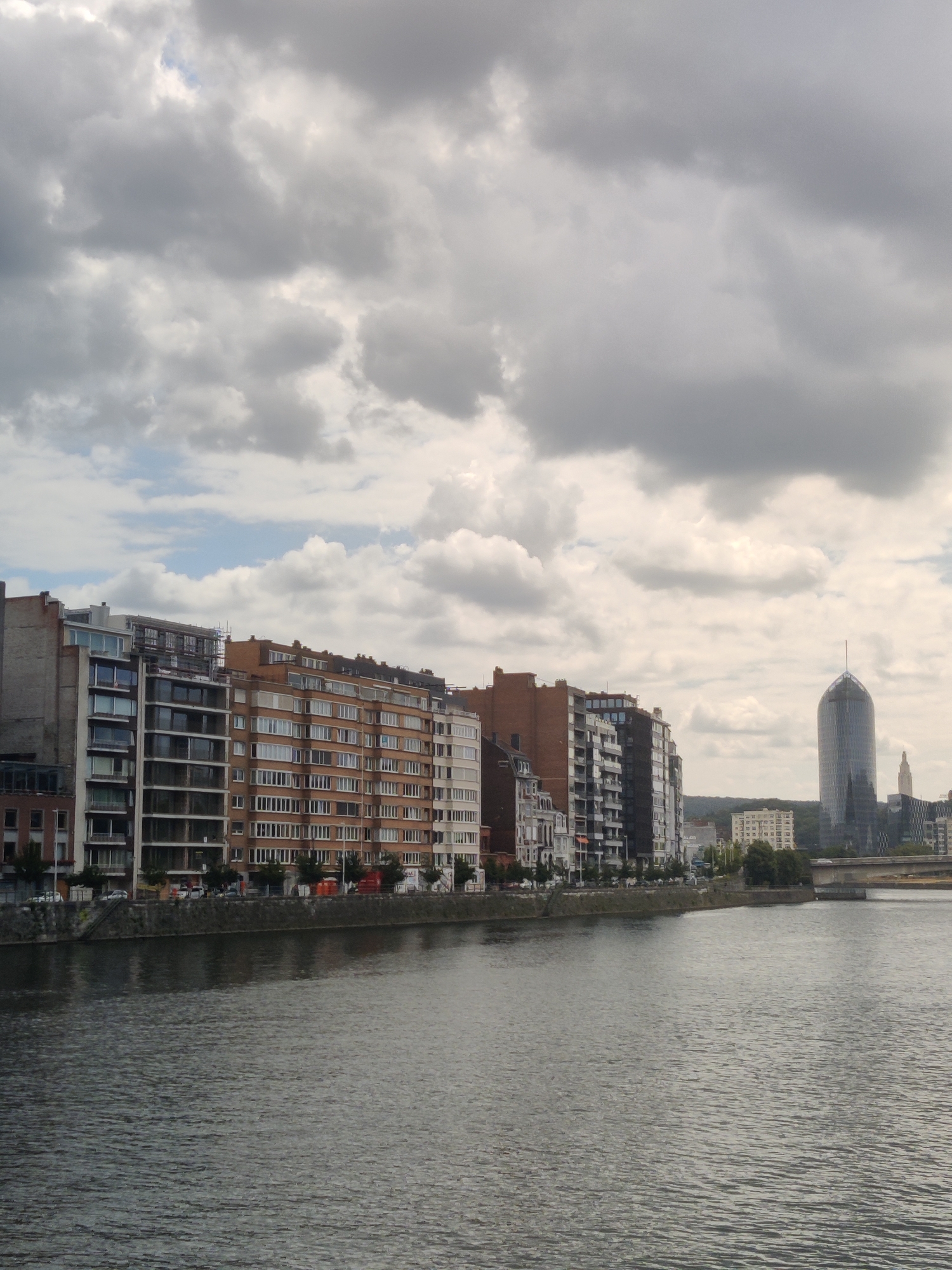 The image depicts a view of the Meuse River in Liège, Belgium. Along the riverbank, a row of multi-story buildings forms a prominent cityscape. The architecture varies, with some buildings exhibiting brick facades and numerous windows, while others have darker, modern exteriors. In the distance, a tall, distinctive glass skyscraper with a pointed top stands out, along with other structures and a bridge crossing the river. The sky is heavily clouded, with gray and white formations dominating the upper portion of the frame. The river itself is calm, reflecting the muted light of the overcast day. There are no visible people or vehicles clearly discernible in the image. The scene is a static, urban landscape captured from a waterfront perspective.