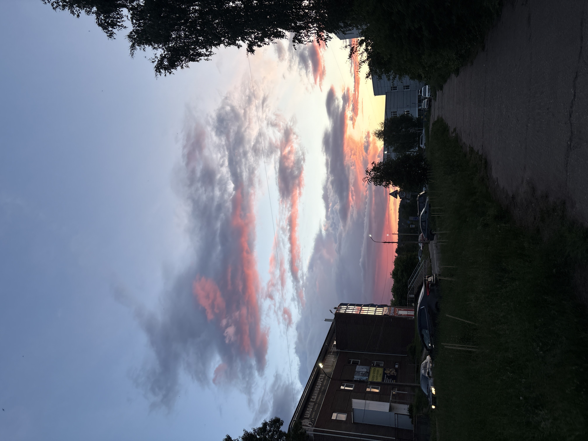 The image depicts a sunset in the city of Chaikovsky, Russia. The sky is filled with elongated clouds tinged with pink and orange hues, transitioning to a blueish-grey near the horizon. The view is framed by trees at the top and bottom of the frame.
On the right side of the image is a sidewalk running alongside a green grassy area where parked cars are visible. On the left, a multi-story brick building with visible signage in Russian, including the words "ШКОЛА ЕДИНОБОРСТВ" is partially visible. A lamppost is visible in the distance near the horizon.
