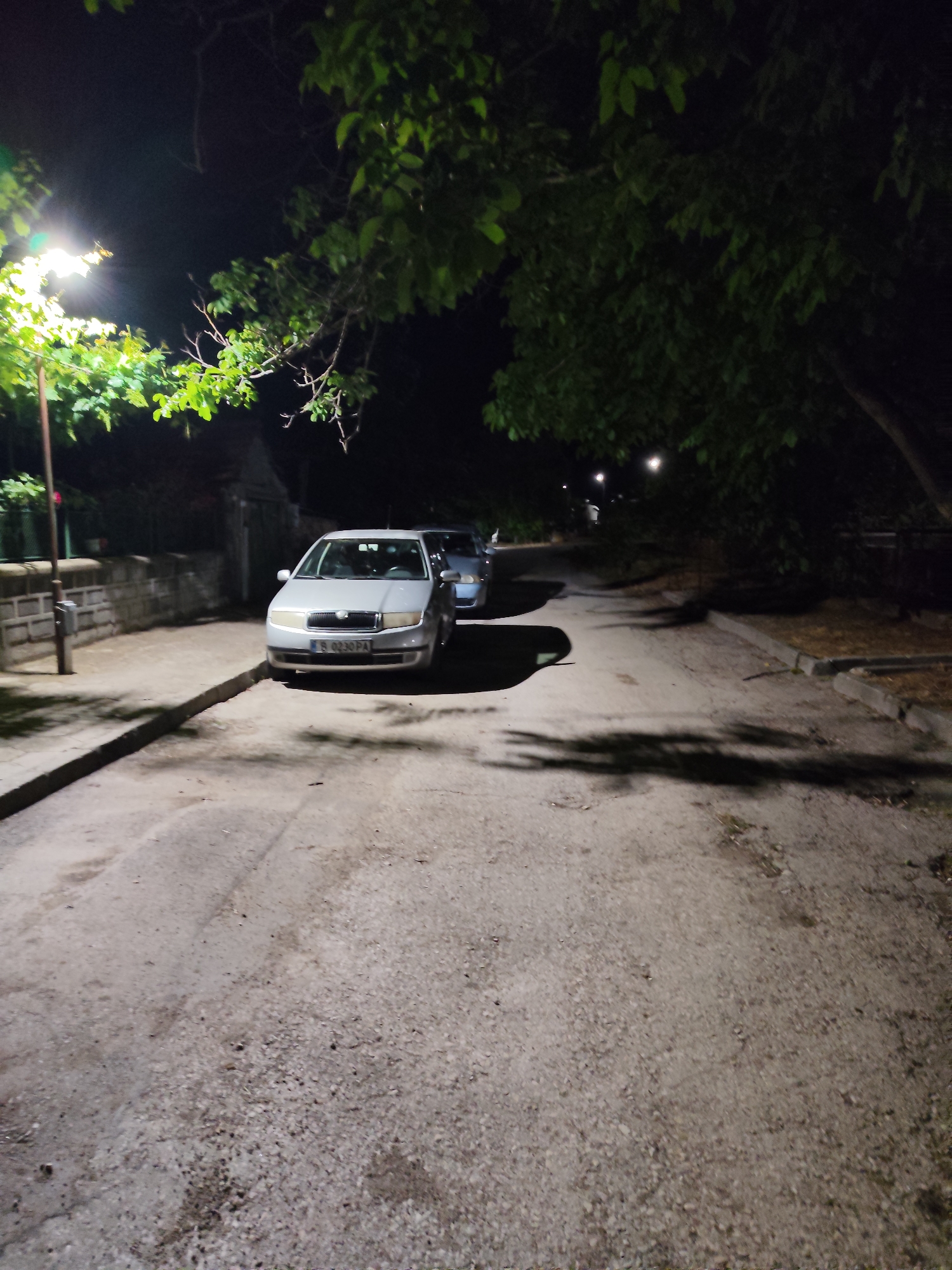 In Provadia, Bulgaria, a street scene at night is depicted. A light-colored sedan, identified by its license plate "B 0230 PA," is parked on the asphalt road, angled slightly towards the right. In the background, another vehicle is partially visible behind it. The street is bordered by a low stone wall on the left, with foliage from trees hanging over the scene. A streetlamp illuminates the left side of the image, casting light on the road and surrounding vegetation. The overall environment suggests a residential or quiet urban area at night.
