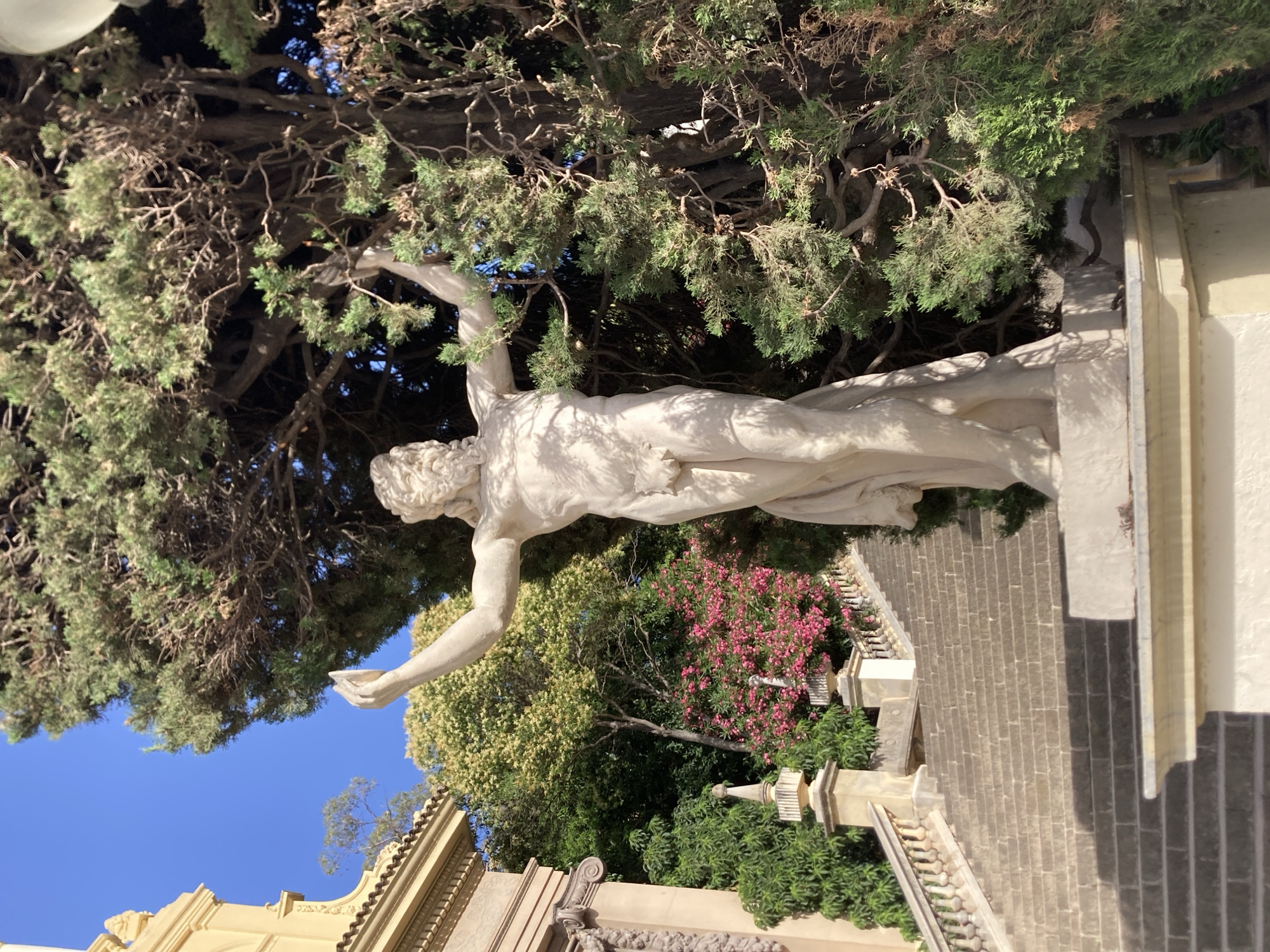 This is a full outdoor shot of a large, white stone statue of a male figure standing with arms outstretched. The statue is positioned in the foreground and slightly to the right of the frame, its base resting on a white platform. Behind the statue, a dense cluster of trees with dark green foliage and brown branches dominates the right side of the image.
To the left of the statue and trees, a grand stone staircase ascends. The steps are made of grey stone blocks, and a stone balustrade with decorative posts runs along the side of the staircase. Further up the stairs, a vibrant pink flowering bush is visible, adding a splash of color to the scene. Behind the staircase and to the left, a portion of a yellow building with classical architectural details, including columns and a decorative frieze, can be seen. The sky above is clear and bright blue.
This statue is likely part of the Montjuïc Hill in Barcelona, Spain, known for its numerous sculptures and gardens. The style of the statue and the architectural elements of the building suggest it could be a piece of classical art or a representation of a mythological figure, commonly found in such public gardens.