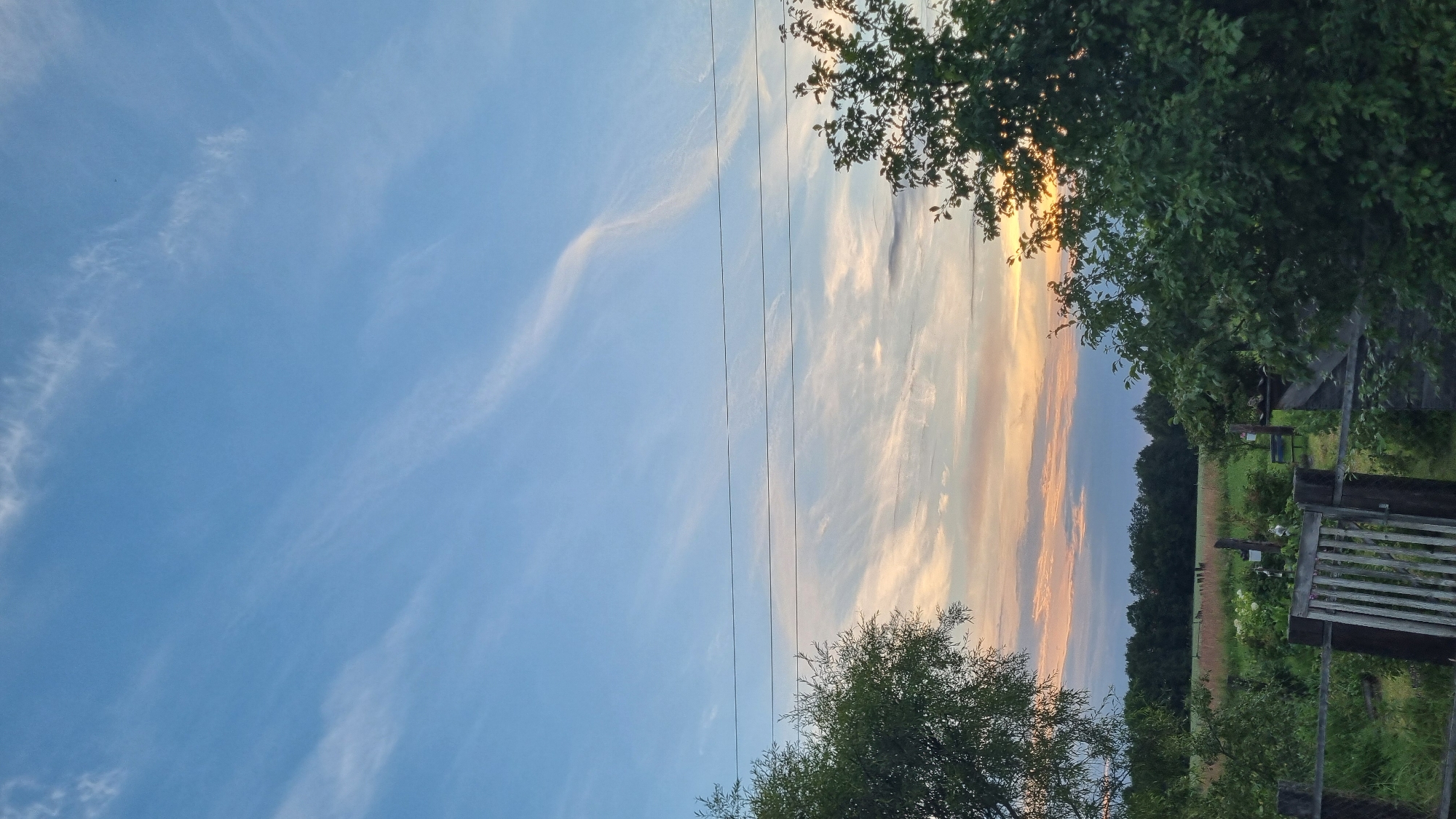 The image depicts a rural landscape at dusk, likely in or near Vysokoe, Russia. The sky is a gradient of soft blues and oranges, with wispy clouds streaking across it, indicating the setting sun. Three dark, thin power lines stretch horizontally across the upper half of the frame. In the foreground, lush green trees frame the scene, with a dense canopy on the right and a smaller, leafier tree on the left. Between the trees, a rustic wooden gate with vertical slats is visible, partially obscured by foliage. Beyond the gate, a field with some scattered vegetation and distant trees forms the middle ground, suggesting agricultural land. The overall impression is one of tranquility and the end of a day.