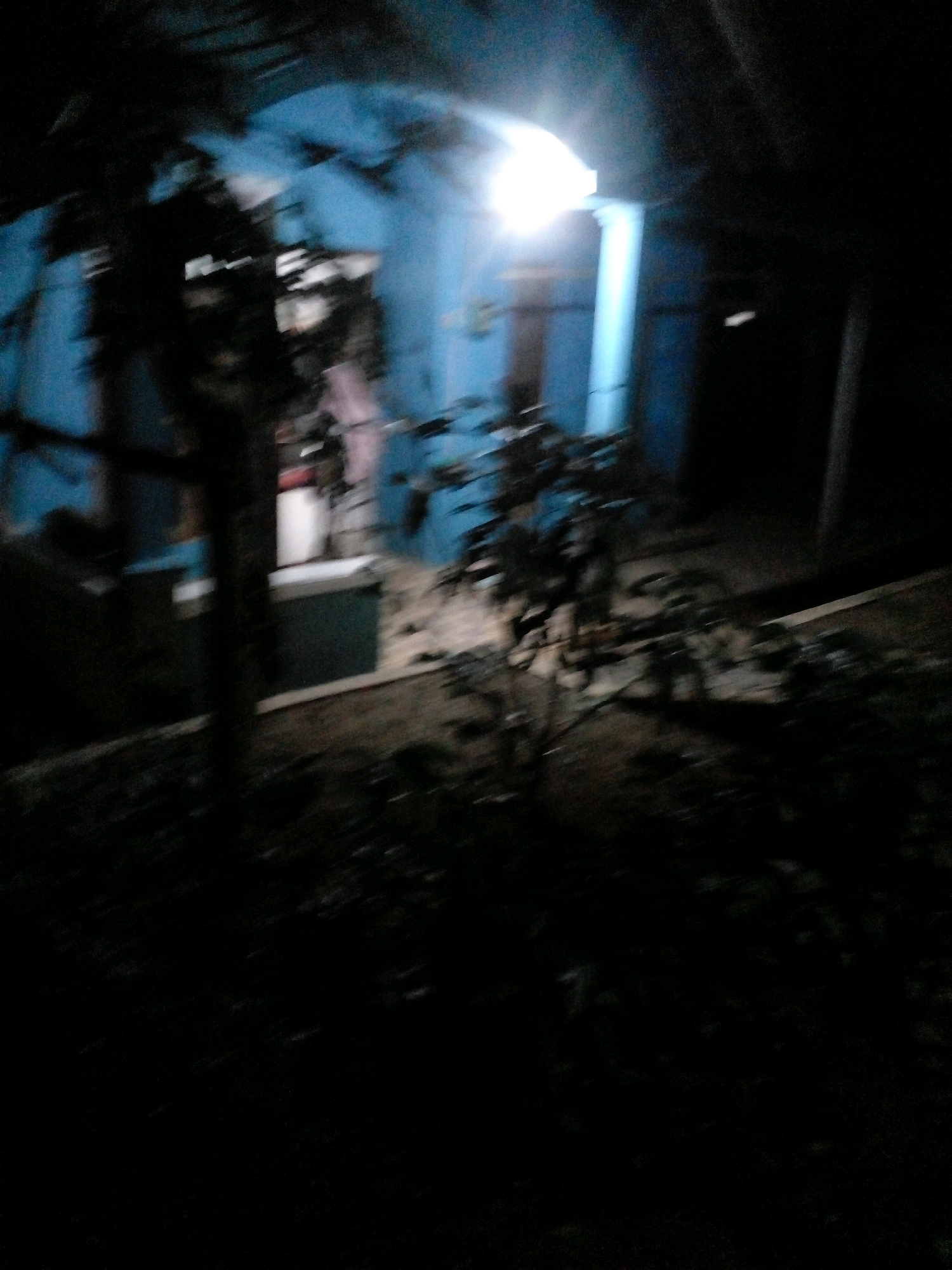 The image depicts a dimly lit outdoor scene with a blue wall in the background. A bright light source is visible on the left side of the image, casting a strong glare. In the foreground, there are blurry shapes of plants and a tree trunk. A dark object, possibly a bench or table, is partially visible in the middle ground. The overall impression is one of an unkempt yard or alleyway at night. It is not possible to determine the specific location within Pungangan, Indonesia, based on the provided image.