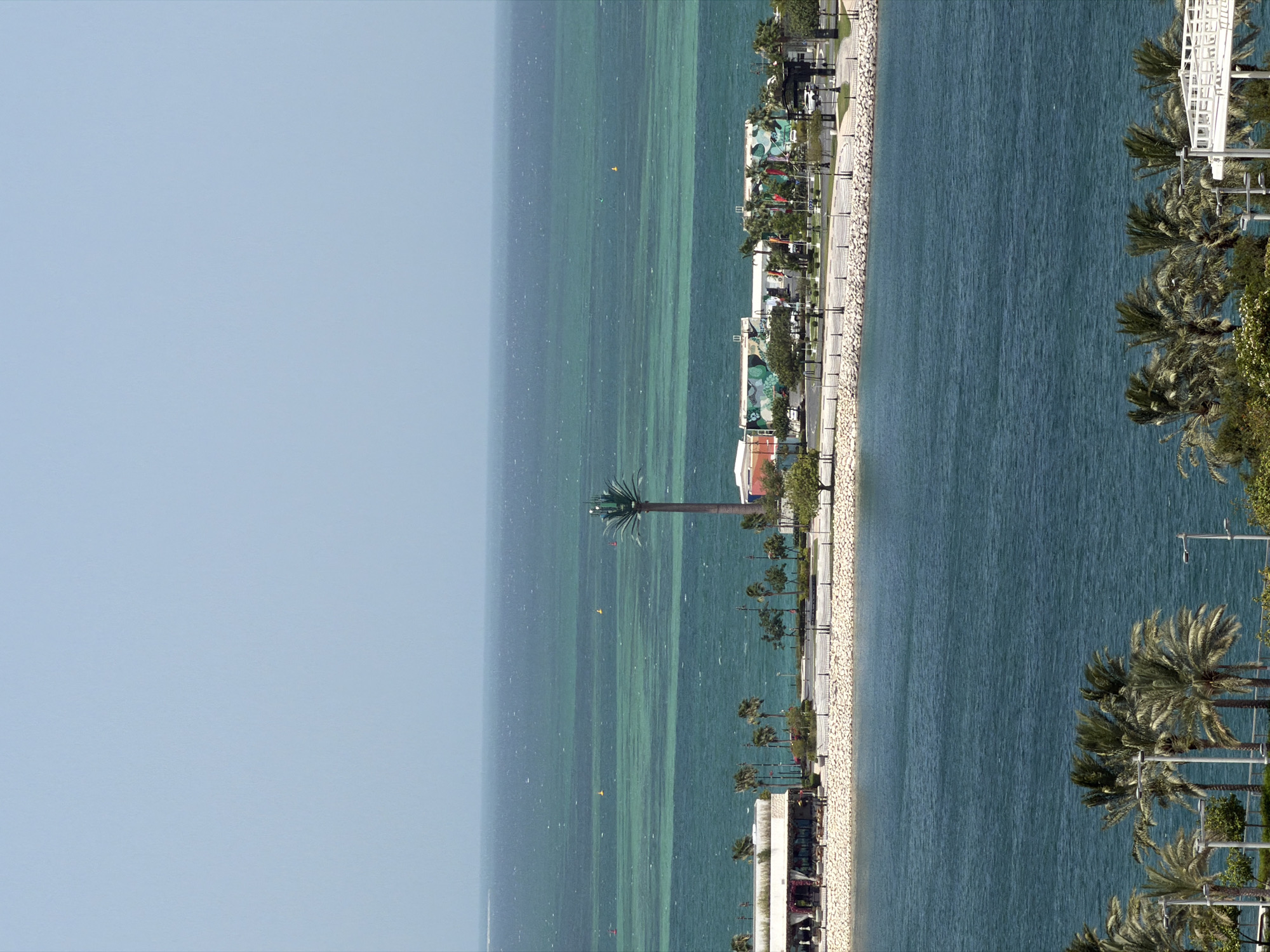 An aerial view shows a coastal scene with a body of water in the foreground and a lighter, shallow body of water in the background. A strip of land with trees, buildings, and a road separates the two bodies of water. A tall, artificial palm tree stands on the strip of land. The sky is clear and pale blue. In the foreground, several palm trees are visible. In the distance, there are buoys in the shallow water. The buildings on the strip of land appear to be low-rise structures. The overall scene suggests a well-developed waterfront area, possibly a resort or public park.