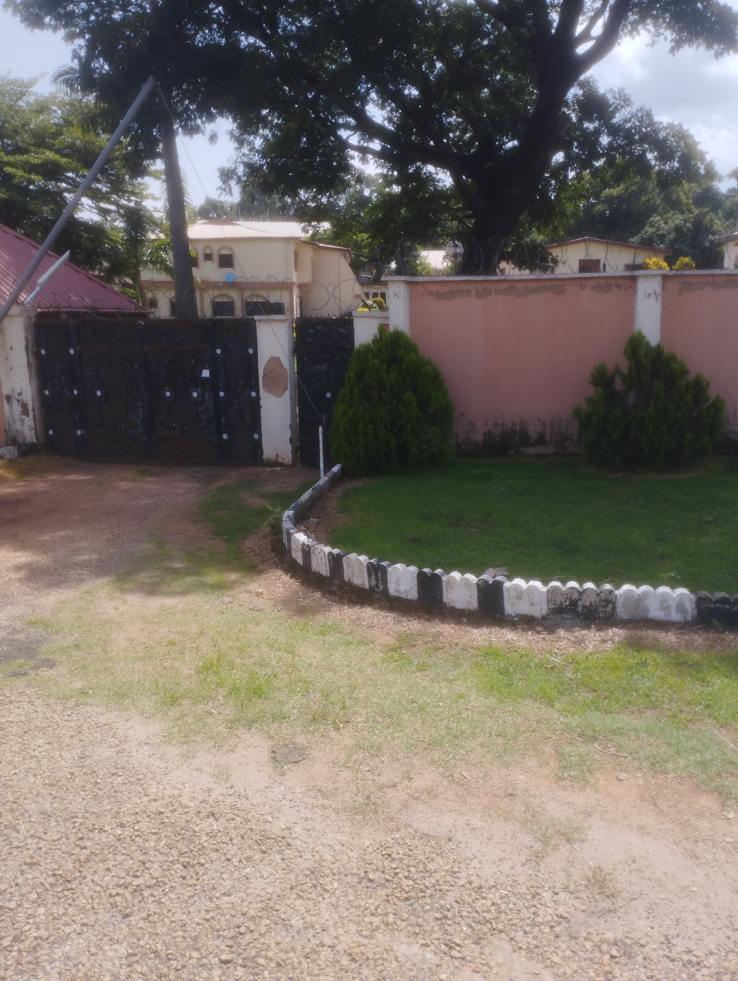 The image shows the entrance to a property in Jos, Nigeria. A large, dark metal gate with a decorative pattern is visible on the left side of the frame. To the right of the gate is a small, well-maintained lawn bordered by a decorative concrete curb. Two conical evergreen bushes are planted on the lawn. Behind the lawn and bushes, a pink wall runs along the perimeter of the property. A large, mature tree with dark green foliage dominates the upper portion of the image, its branches extending over the property. In the background, beyond the wall, a light-colored building with arched windows can be seen. The ground in front of the gate is a mix of gravel and dry earth. The scene appears to be an exterior shot of a residential or institutional property.