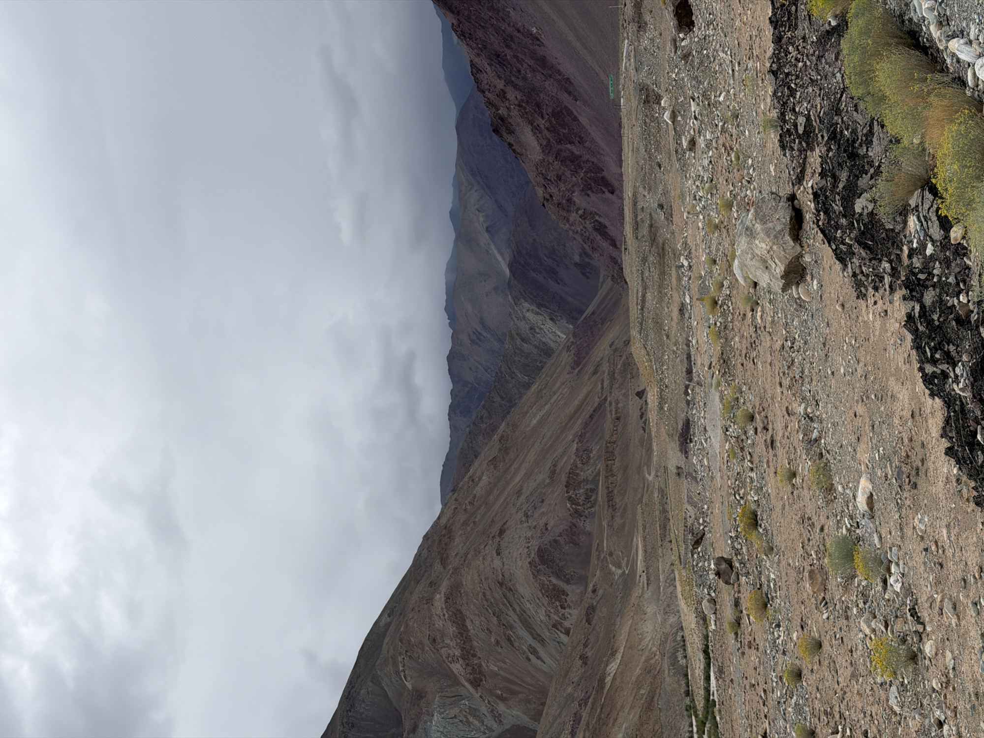 This is a landscape photograph taken in Kiari, India, under a cloudy sky. The foreground is a rocky, arid terrain with sparse patches of dry grass and small yellow flowers. Several large stones are scattered across the ground. In the mid-ground, a winding dirt road is visible, leading towards a valley. The background is dominated by rugged, layered mountains with hues of brown, gray, and purple. A green sign is visible in the far distance on the right side of the road. The overall environment suggests a remote, mountainous region with a dry climate.