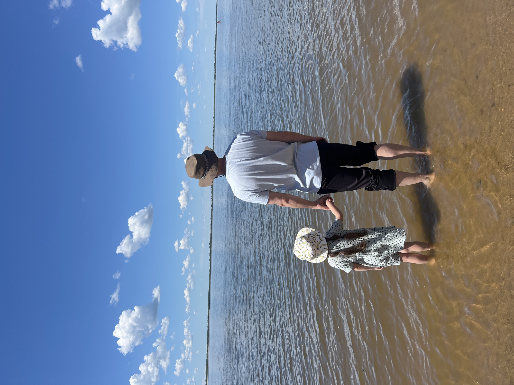 In the city of Telmana, Russia, a man and a young girl stand in shallow water, holding hands and looking out at a wide body of water under a blue sky with scattered white clouds. The man is wearing a light-colored t-shirt, black shorts, and a brown hat. The girl is wearing a light-colored dress with a pattern and a matching hat. The water is murky brown near the shore, with ripples reflecting the sunlight. In the distance, a faint red buoy is visible on the water. The shoreline is sandy and appears to be a natural environment.