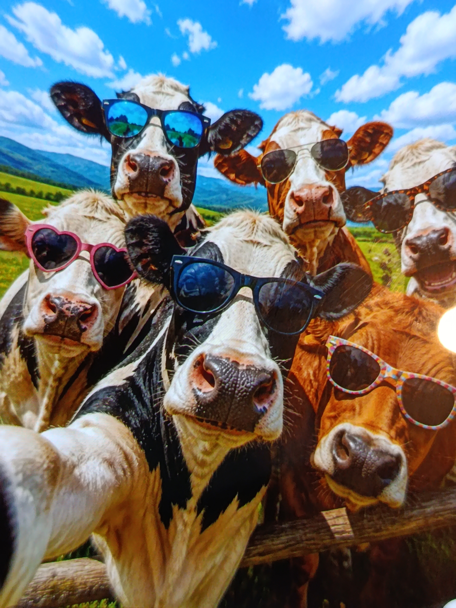 The image depicts a humorous scene of five cows posing for a selfie outdoors on a sunny day. The cows are wearing various styles of sunglasses, including heart-shaped pink ones, classic aviator-style ones, and colorful patterned ones. They are clustered together, with some of their faces filling the foreground. The background shows a lush green landscape with rolling hills under a bright blue sky with fluffy white clouds. The overall impression is lighthearted and playful. The image does not contain any information or visual cues that would allow for its location to be identified as Odesa, Ukraine.