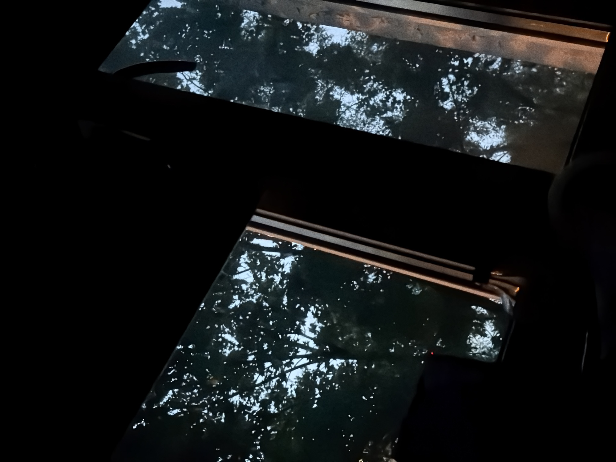 The image, taken from inside a vehicle, shows two windows with a view of trees against a dimly lit sky. The windows are framed by dark interior panels of the car. The sky appears to be a twilight blue, with dappled light filtering through the dark green leaves of the trees. In the foreground, there are reflections on the windows, some of which appear as bright, scattered white dots. The scene is dark, suggesting it was taken at dusk or dawn. The specific location in Khimki, Russia cannot be determined from the visual information provided.