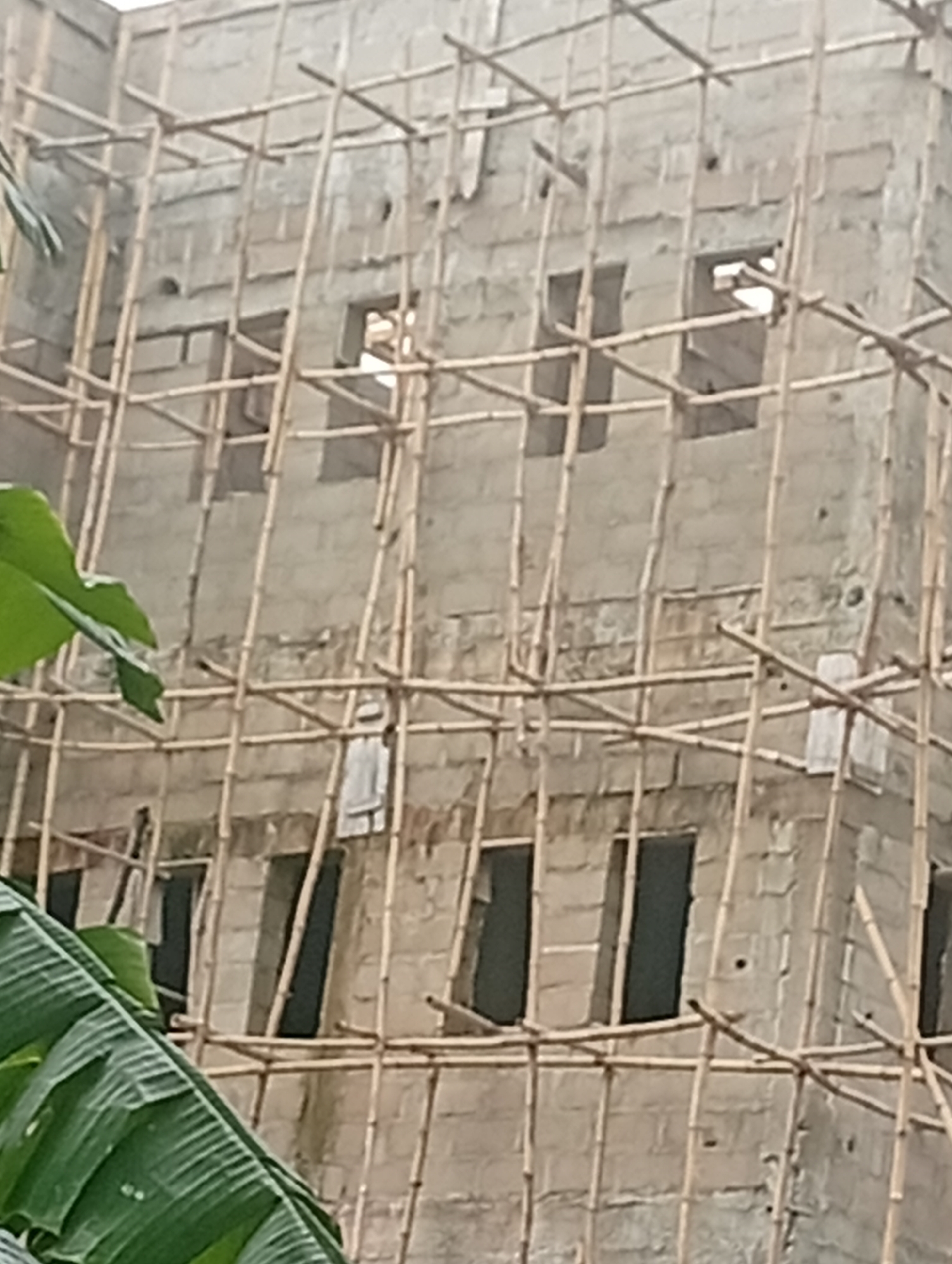 The image shows a multi-story building under construction, covered in bamboo scaffolding. The building appears to be made of concrete blocks, with numerous unfinished window openings. A white cloth or tarp is visible hanging from the scaffolding on the middle level of the building. Large green leaves, possibly from a banana tree, are in the foreground, partially obscuring the lower portion of the structure. The sky is overcast, suggesting cloudy weather.