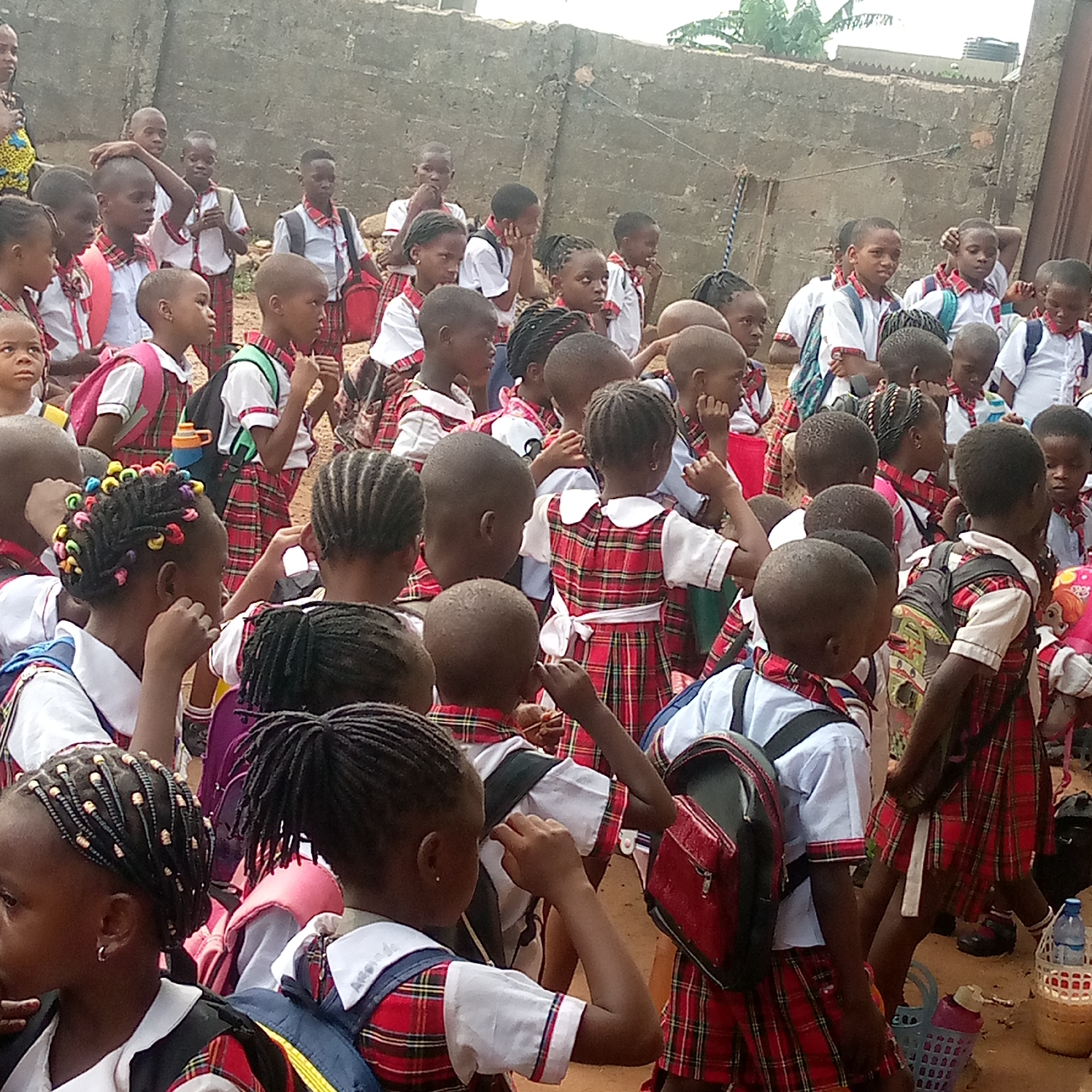 In the city of Ukwu-Abwa, Nigeria, a large group of school children is gathered outside. They wear similar uniforms of white shirts with red and black plaid trim on the collar and sleeves, and plaid skirts or shorts. Most of them have backpacks. The children are various heights, suggesting different ages. The setting appears to be a schoolyard with a wall visible in the background.